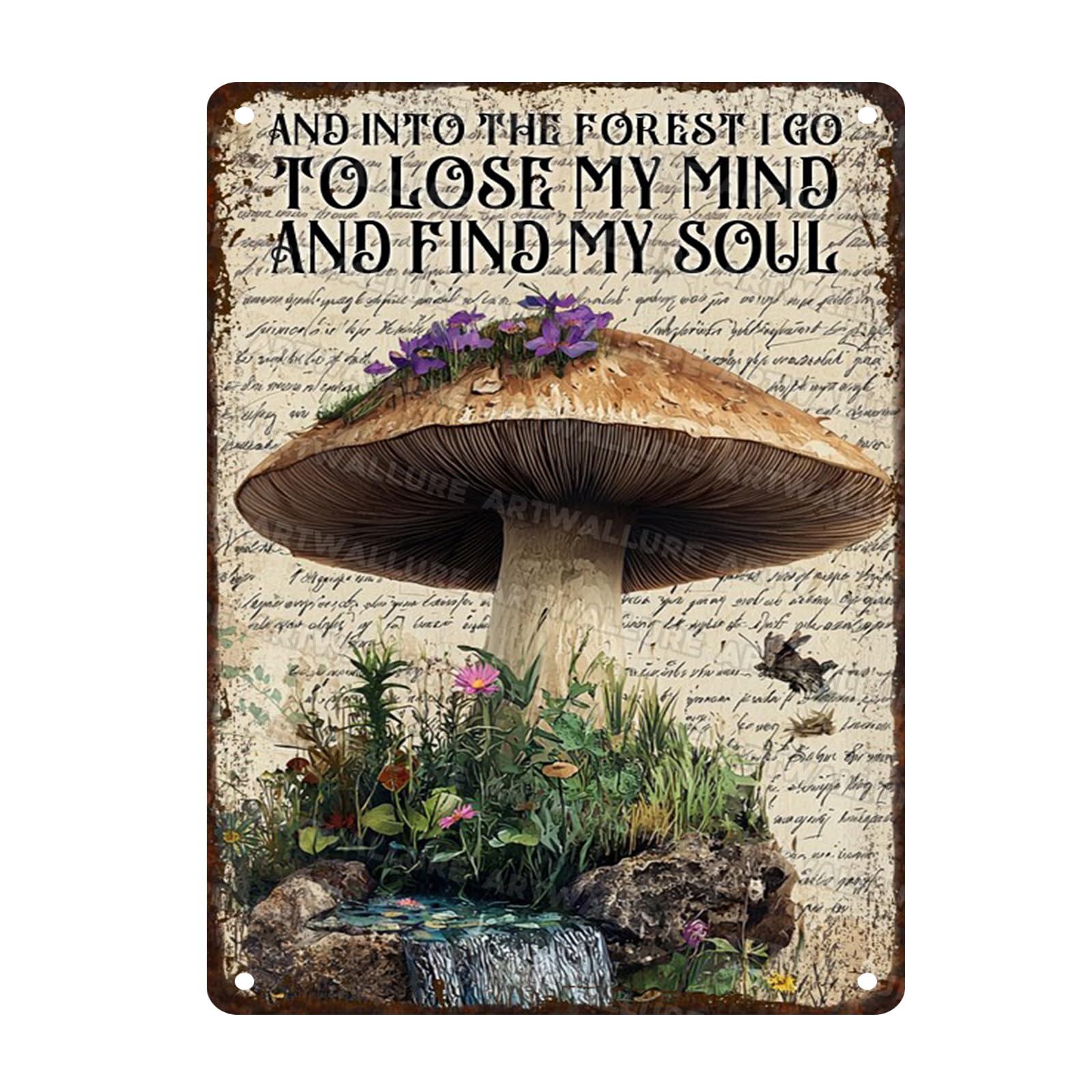 Mushroom Vintage Metal Sign and Into The Forest I Go Wall Art Decor for Man Cave Home Bar Porch Outdoor Metal Tin Sign Wall Art 12x16inch