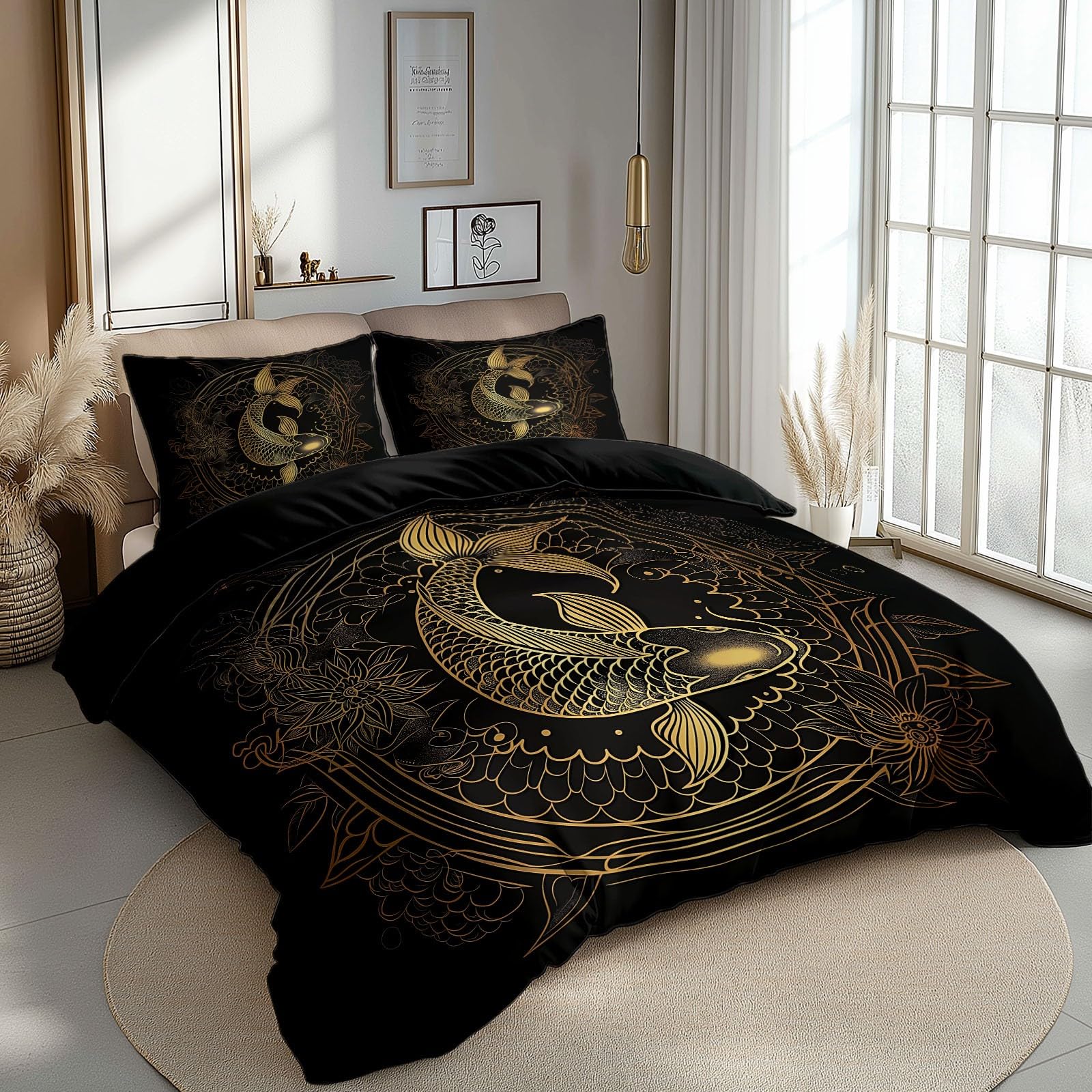 Black Double Duvet Cover Bedding Set Golden Carp And Mandala Pattern, Summer Reversible Duvet Cover Set with 2 Pillowcases for Double Bed 200x200 cm, Soft Microfiber 3pcs