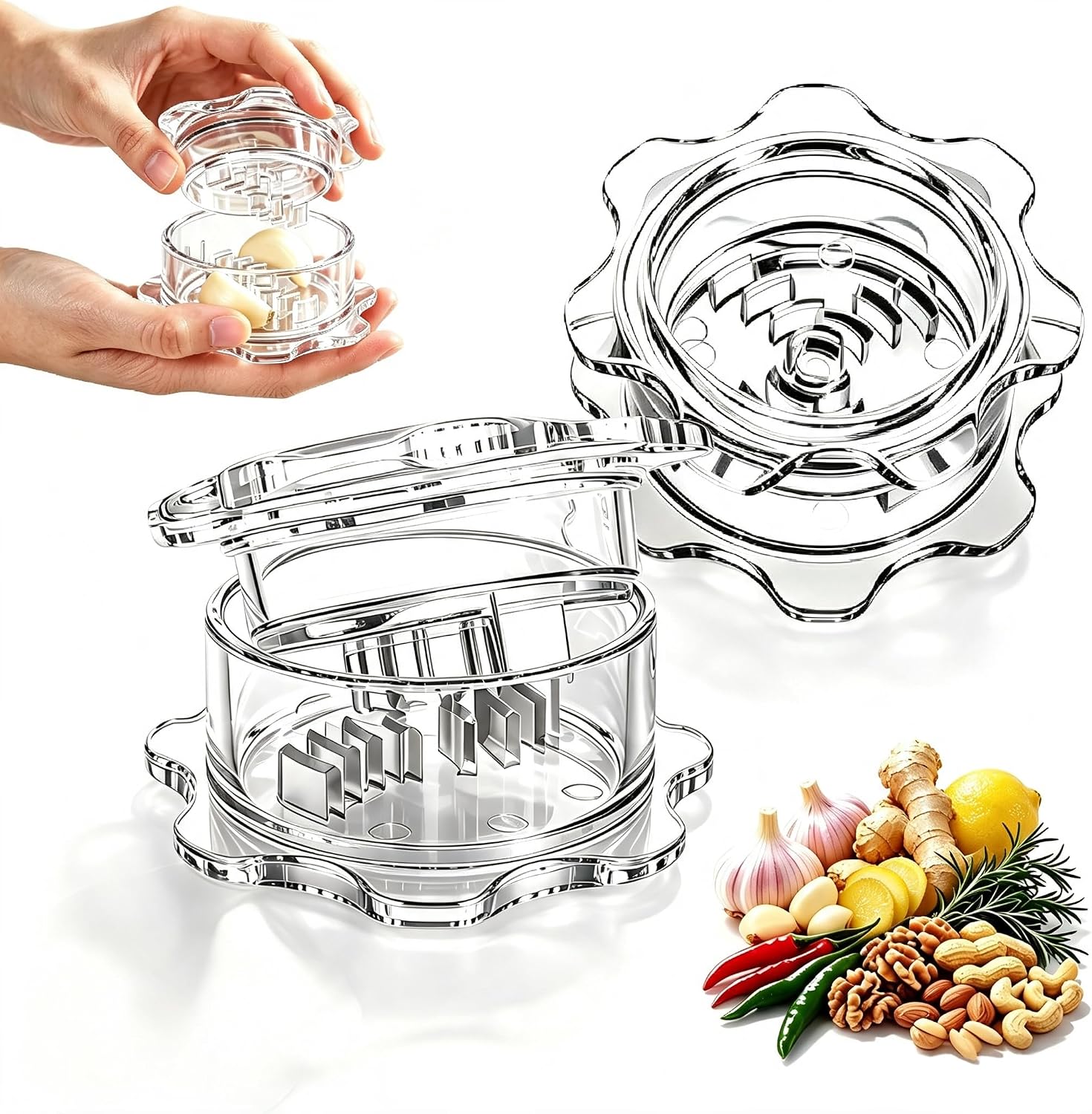 Garlic Twister Mincer - Transparent Manual Crusher for Ginger Herbs Nuts