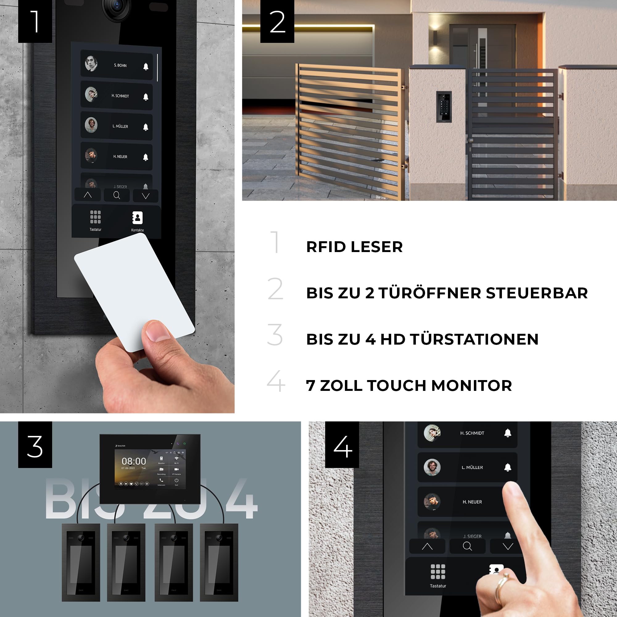 Balter EVO-HD Video Türsprechanlage mit Touchscreen Türstation, Video Türklingel, Smartphone App, 1 Familienhaus, 2X 7 Zoll Monitore, Türklingel mit Kamera Full HD, 2 Draht Bus, 175° Weitwinkel, RFID
