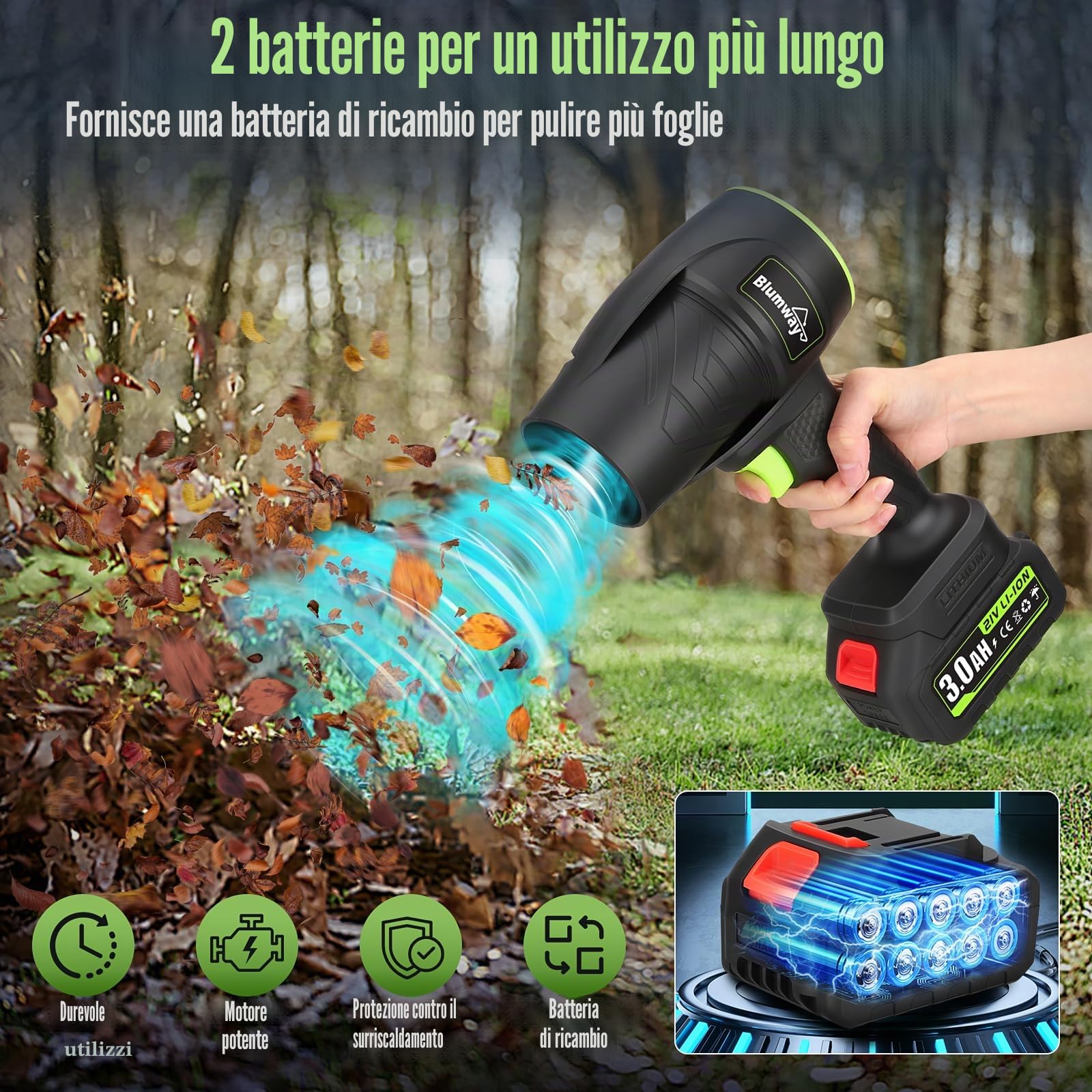 Blumway Soffiatore per foglie senza fili con batteria, soffiatore per la cura del prato, soffiatore manuale, 21 V x 2 batterie soffiatore elettrico per cortile/prato, spolverare, bolle di foglie
