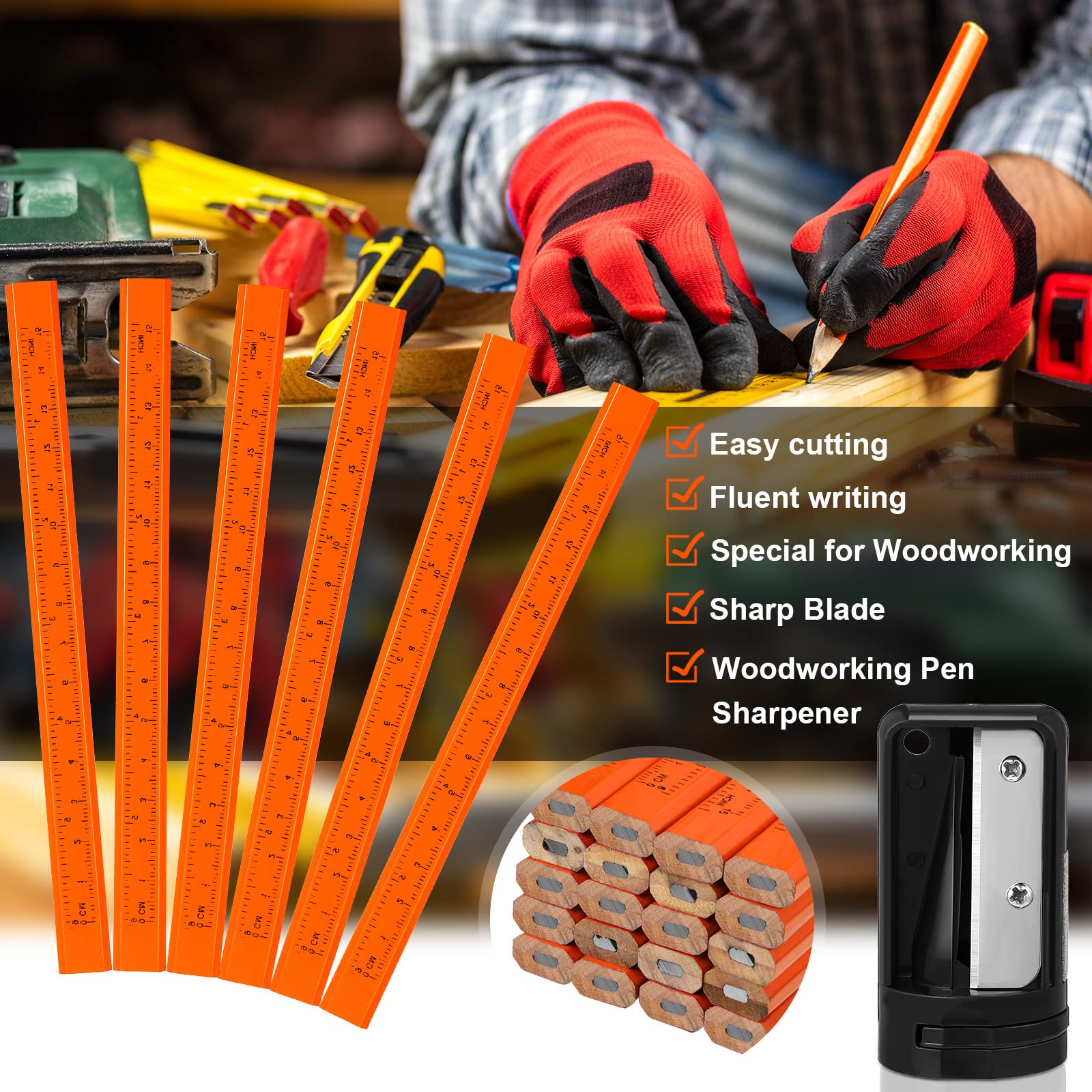 Juego de 202 lápices de carpintero, 200 lápices de construcción planos con regla impresa, lápices de grafito de madera, 2 sacapuntas de carpintero para herramienta de marcado de carpintería (naranja)