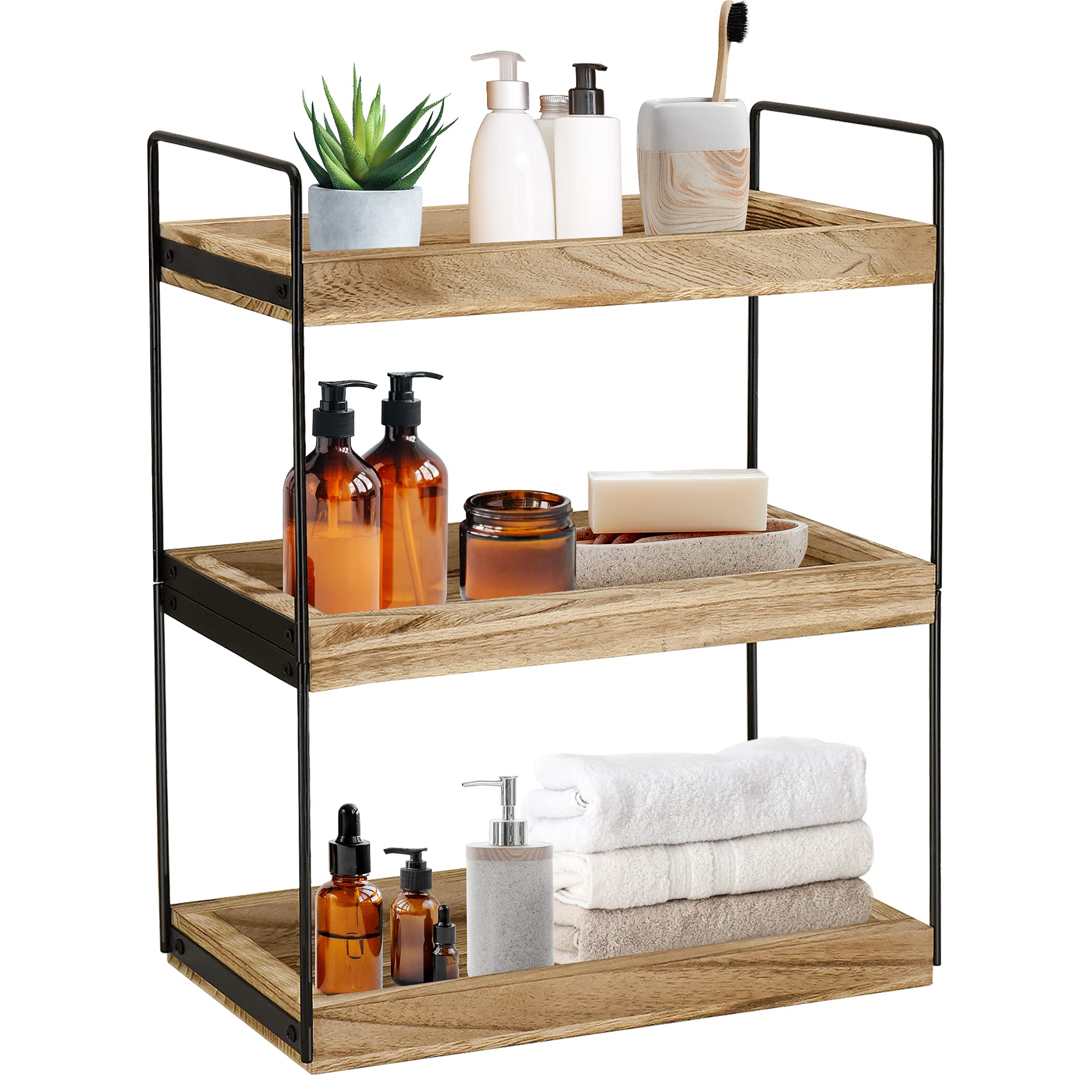3 Tier Bathroom Counter Organizer, Counter Standing Rack Cosmetic Holder, Bathroom Countertop Organizer and Storage Shelf, Vanity Organizer Bathroom Counter Tray and Kitchen Spice Rack Standing Brown