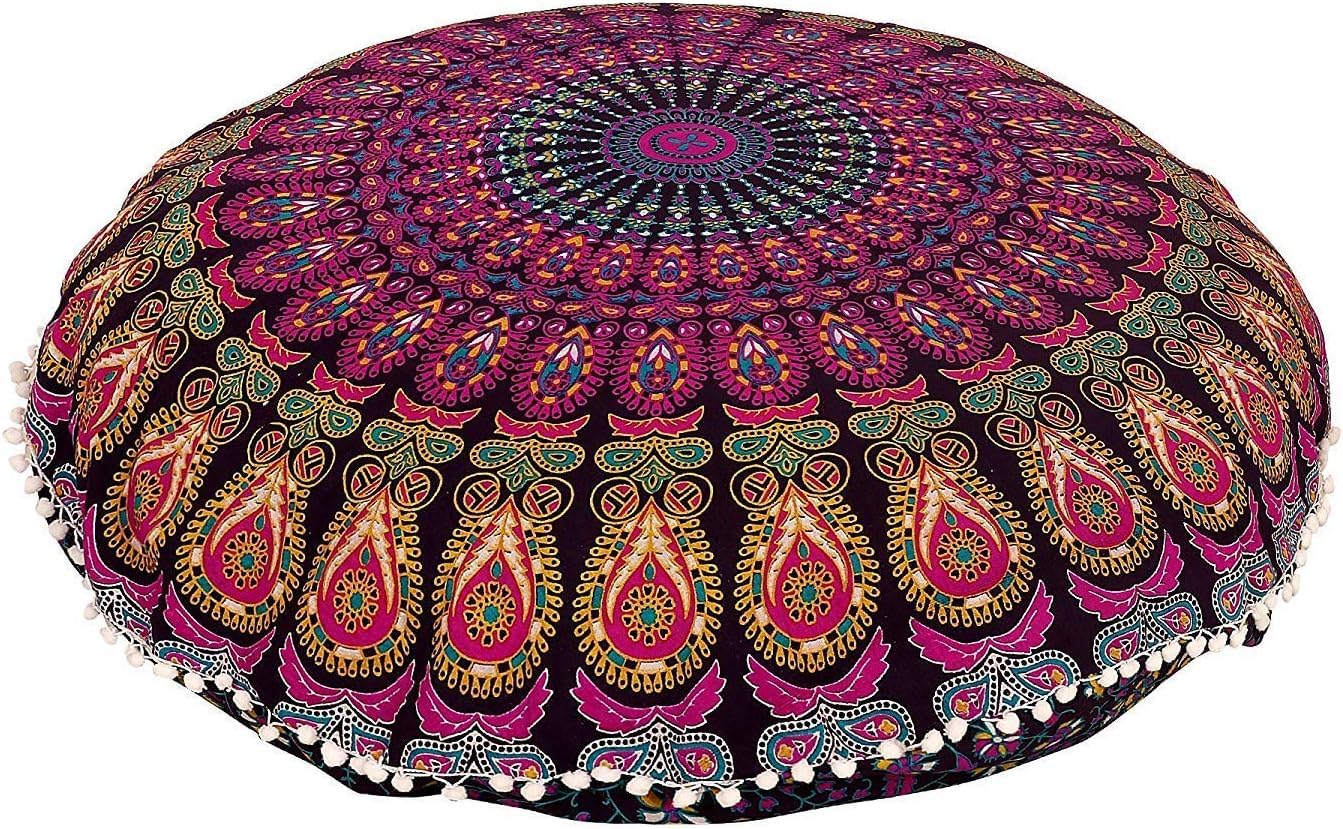 Mandala Large Floor Pillow Cover, Round Decorative Pillow Sham, Indian Bohemian Ottoman Poufs, Pom Pom Pillow Cases, Outdoor Cushion Cover (Yellow Levender, 22 Inch Round)-image-1