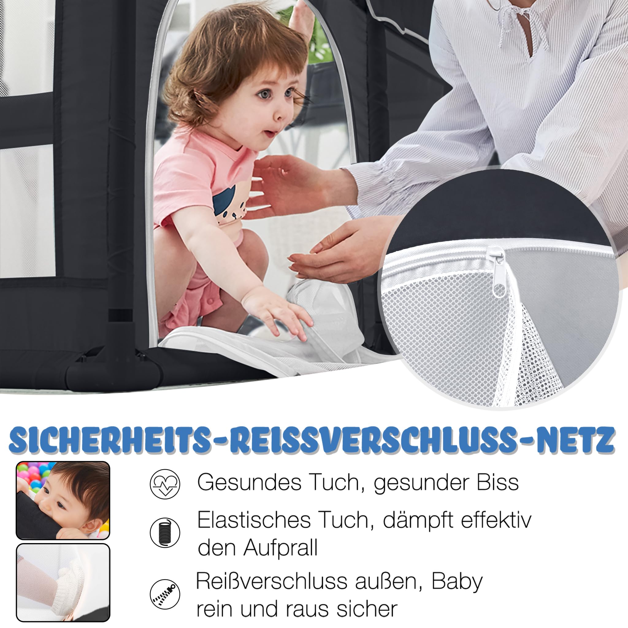 FIVMEN Box per bambini, 127 x 127 cm, con 50 palline, rete traspirante e 4 anelli, centro attività, griglia di protezione, colore: nero