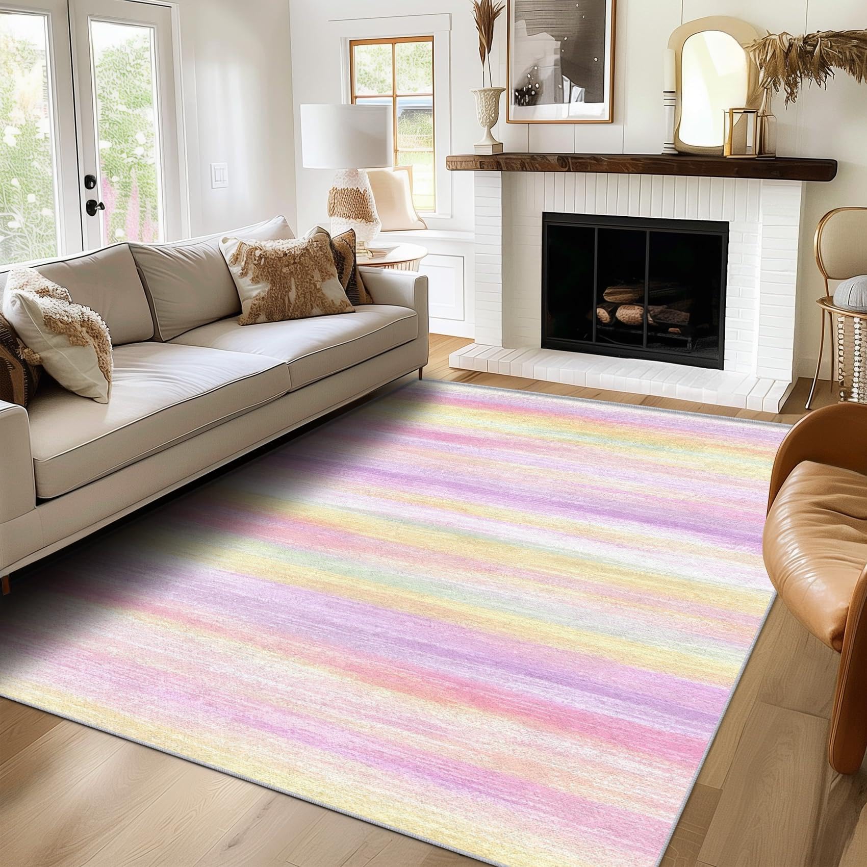 Tapis de chambre enfant antidérapant et lavable aux rayures arc-en-ciel