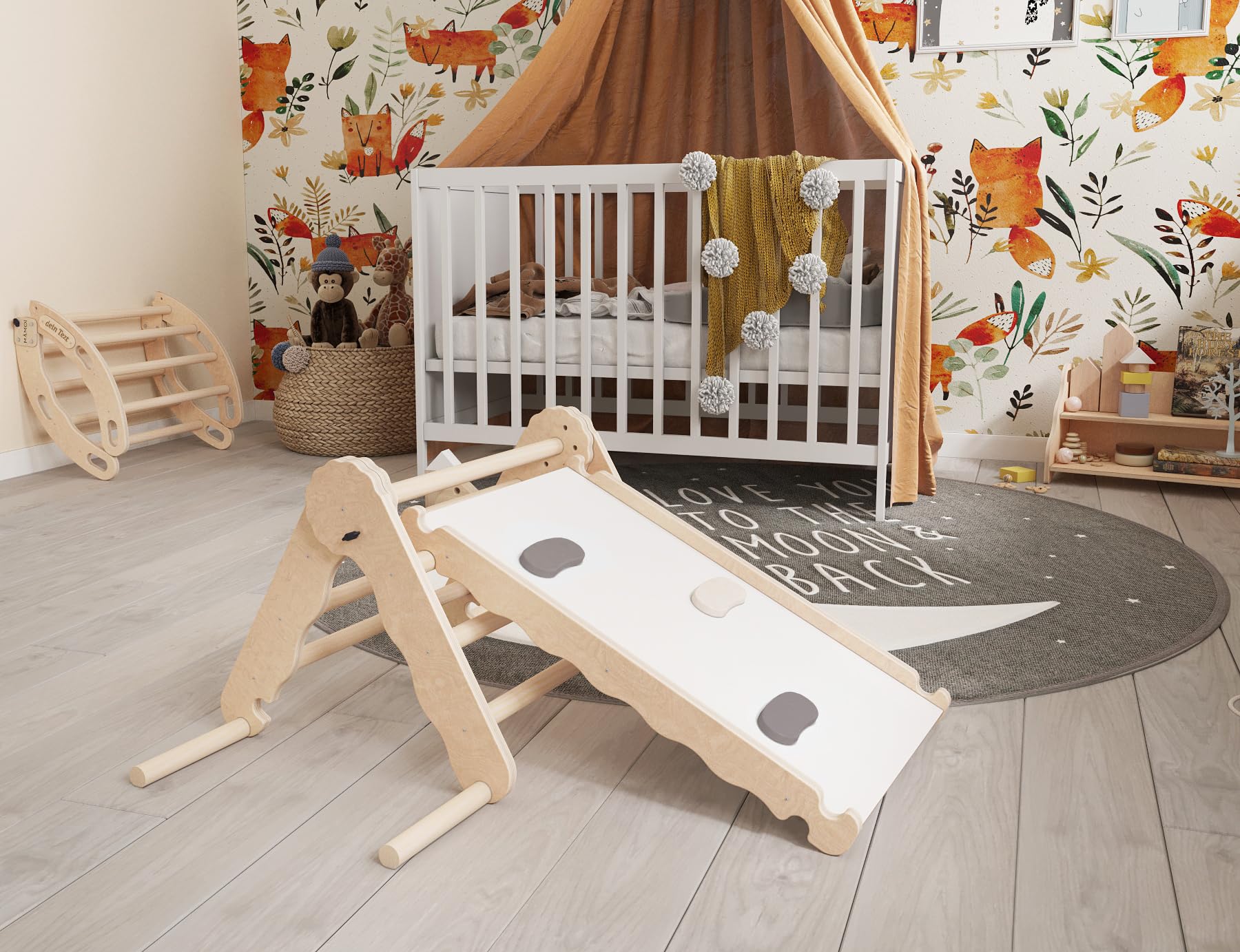 MAMOI® Klettergerüst Indoor, Kletterdreieck mit Rutsche aus Holz, Kletterturm mit Rutschbrett, Kletterbogen, Regenbogenwippe, Montessori Spielzeug