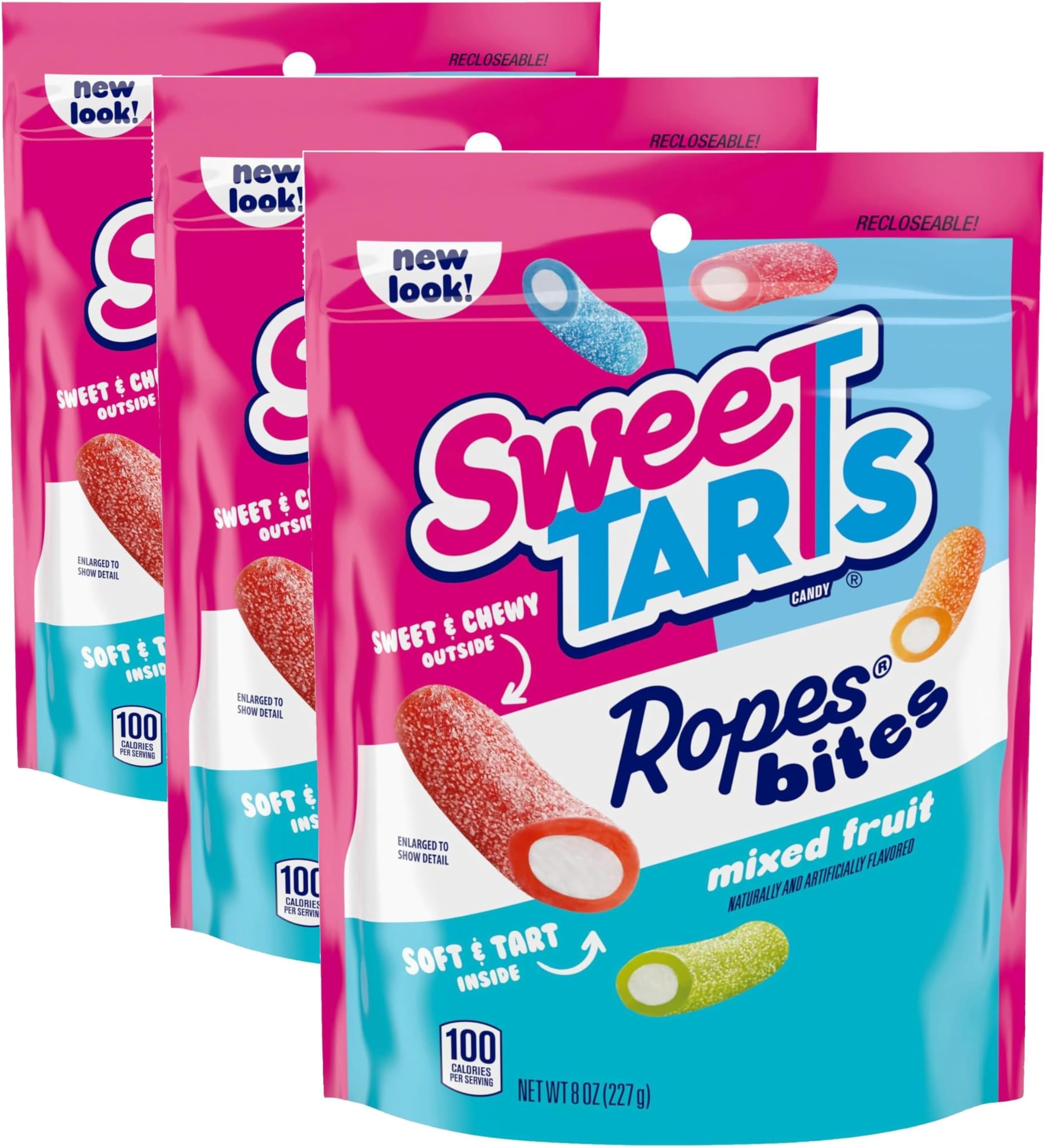 Rope Bites Candy, Mixed Fruit, 8 Ounce Resealable Bag (Pack of 3)