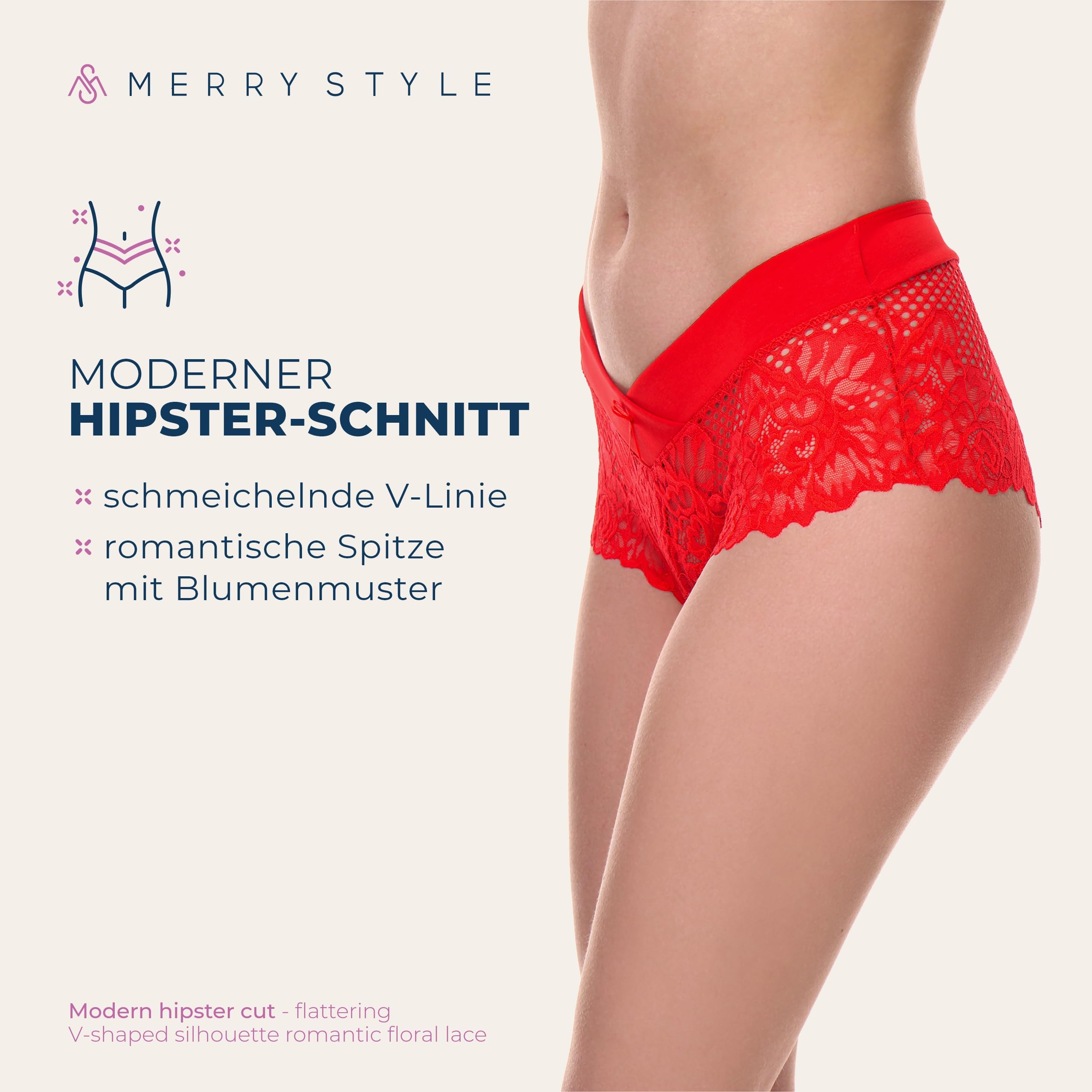 Merry Style Damskie majtki hipsterskie Hot Pants z koronką bielizna kwiatowy wzór MSGAB155