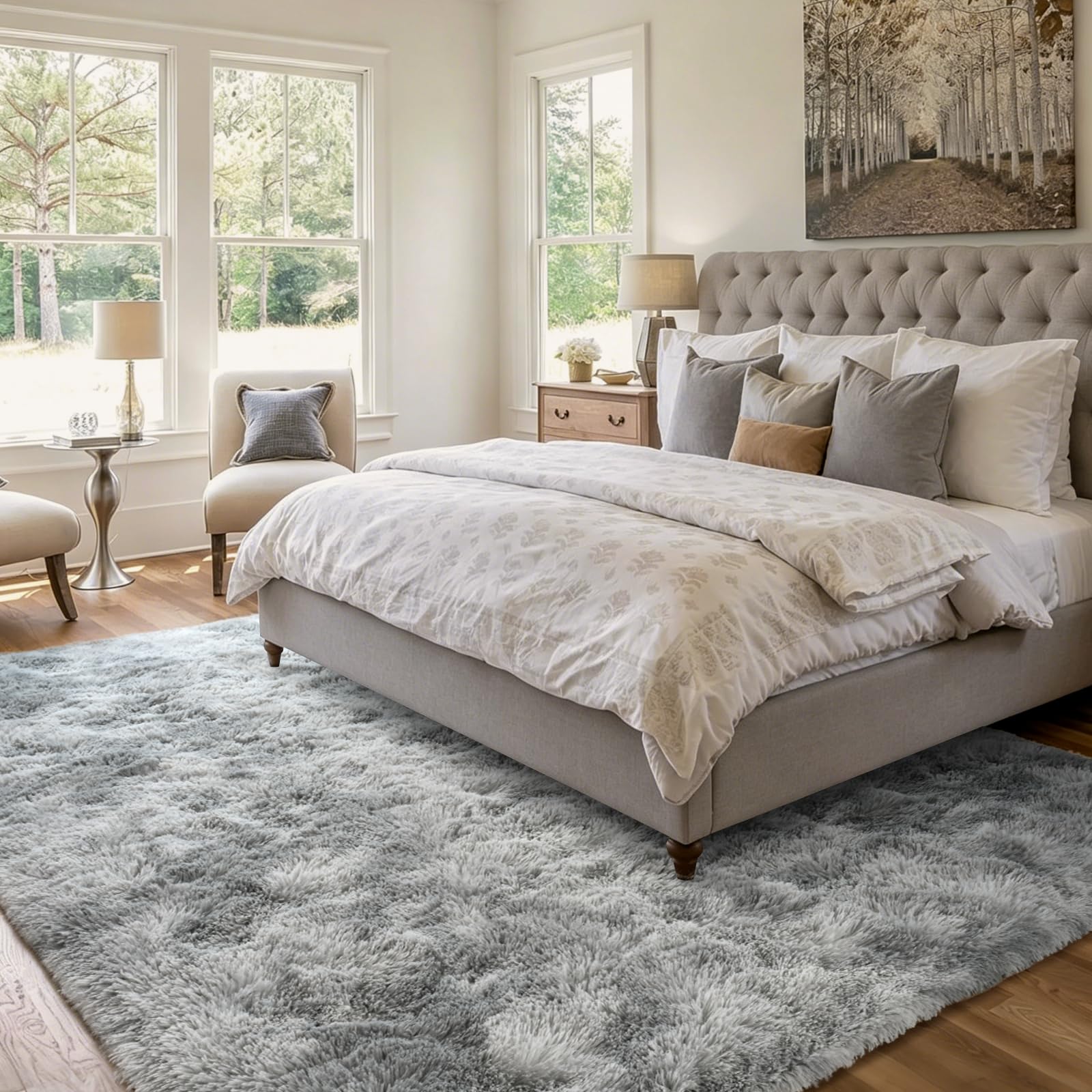Condition photo showing Brand New for 4x6 ft shag rugs for bedroom living room, tie-dyed ultra soft fluffy furry area rugs for indoor floor, aesthetic carpet for kids home decor (grey)