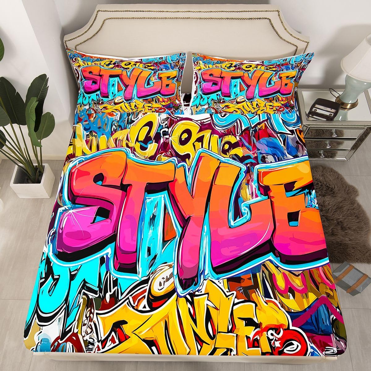 Erosebridal Hip Hop Fitted Sheet Deep Pocket Full Size, Graffiti Style Bedding Set for Kids Boys Girls Street Culture Bed Sheet Grunge Watercolor Spraying Bed Cover for Teens with 2 Pillow Cases