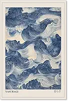 Arte de parede japonesa ondas azuis vintage oriental Japandi Wabi Sabi pôster abstrato ondas gigantes impressões em tela para decoração de parede de sala de estar minimalista 40,6 x 61 cm sem