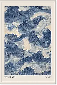 Arte de parede japonesa ondas azuis vintage oriental Japandi Wabi Sabi pôster abstrato ondas gigantes impressões em tela para decoração de parede de sala de estar minimalista 40,6 x 61 cm sem