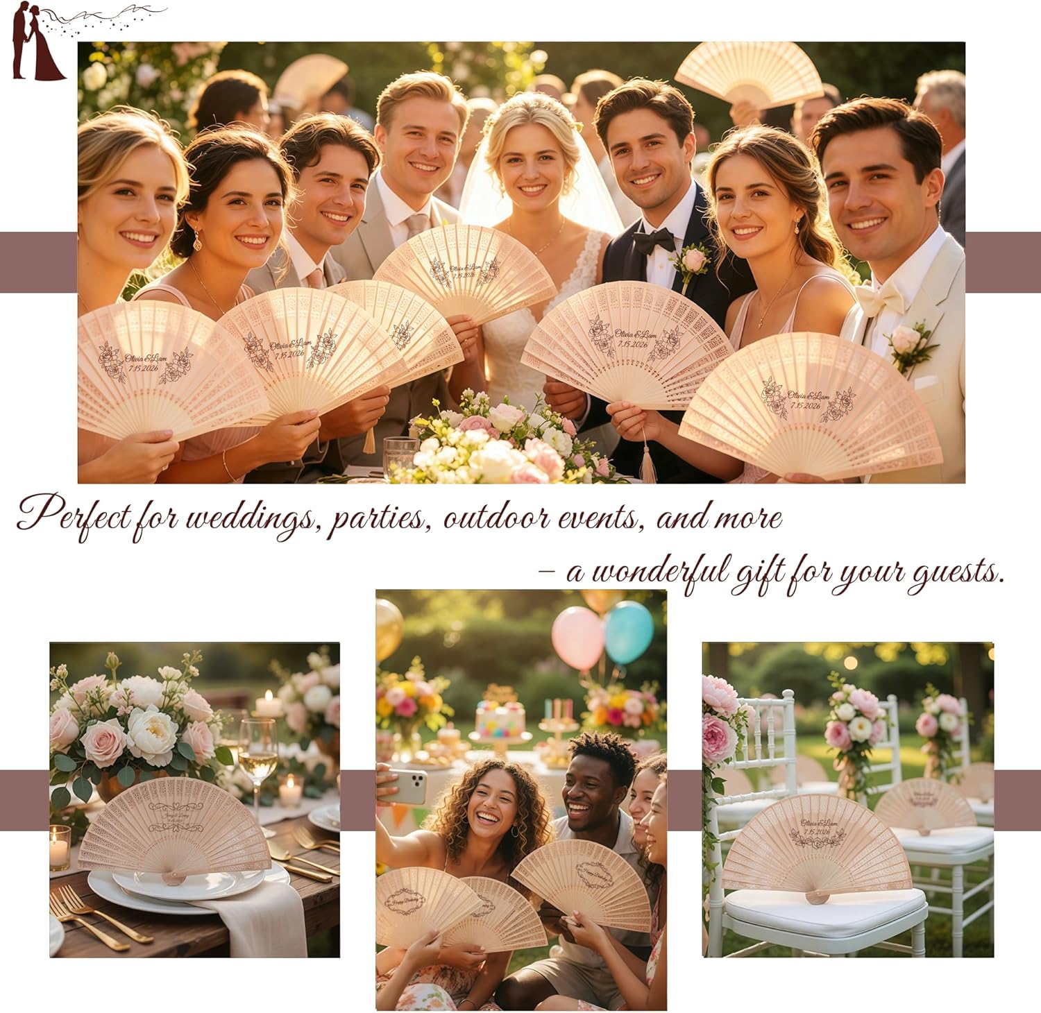 Personalized Wedding Fans for Guests Bulk Custom Wooden Folding Handheld Fans Wedding Favors for Guests with Organza Bags Tassels Party,Graduation,Birthday Gifts (50Pcs)