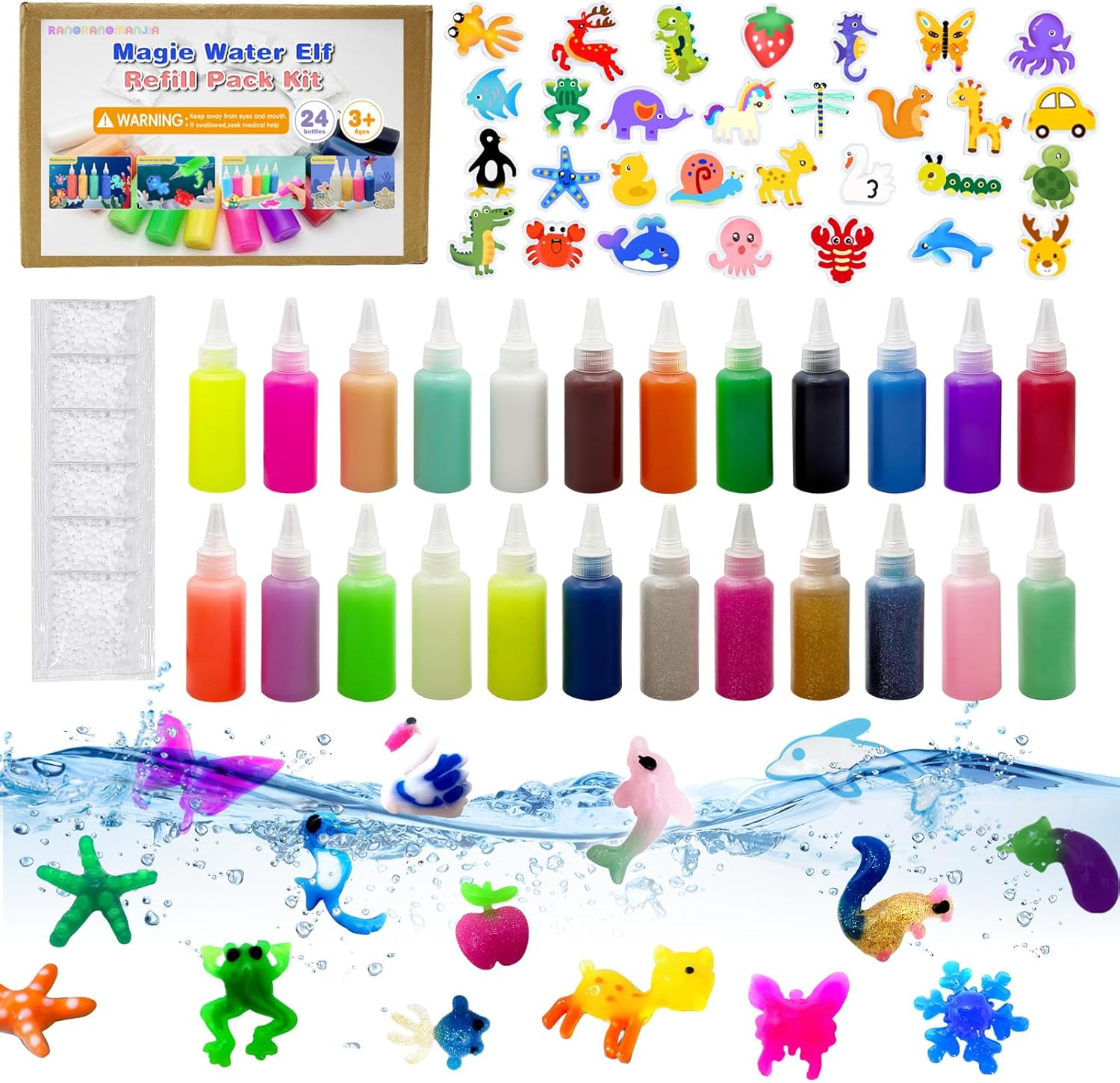 Magic Water Elf Toy Kit Refill,DIY Slime Squishy Making Kit for Kids,STEM Arts & Crafts Family Activity,Best Gift for Christmas & Birthday(12 Solid+6 Glow+4 Sparkling+2 Pearlescent+32)