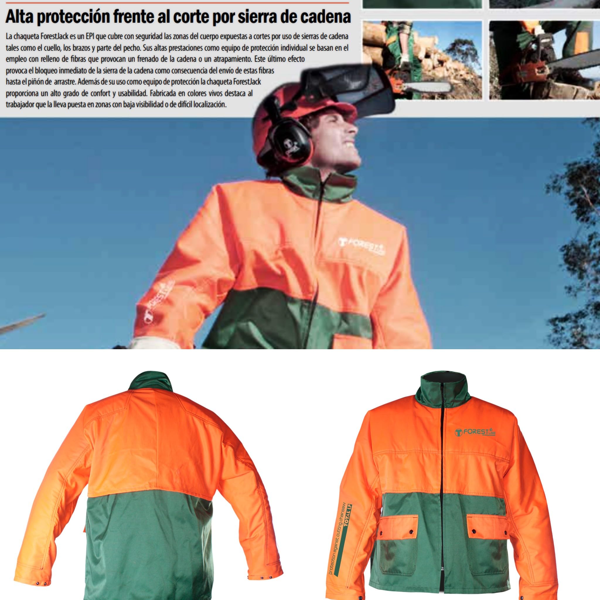 Bricoloco Giacca e Salopette pantaloni antitaglio Motosega 65% Poliestere e 35% Cotone con 12 Strati di Materiale Ritardante Taglio e Fodera 100% Poliestere.