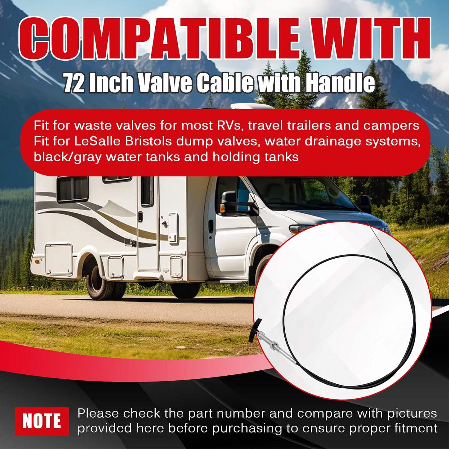 72 Inch Valve Cable with Handle Fit for Valterra Flexible Cable for LeSalle Bristols Valve for Sewer Dump Valve, Black Tank Valve and RV Holding Tank Valve Replace for TC72PB TC72CNPB