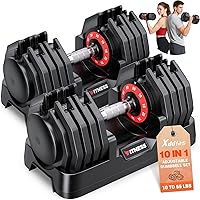 XDDIAS Adjustable Dumbbells Set of 2 (55LB Pair) - 10 Levels, 1-Hand Quick Adjust, Knurled Grip, Space-Saving Home Gym Weights