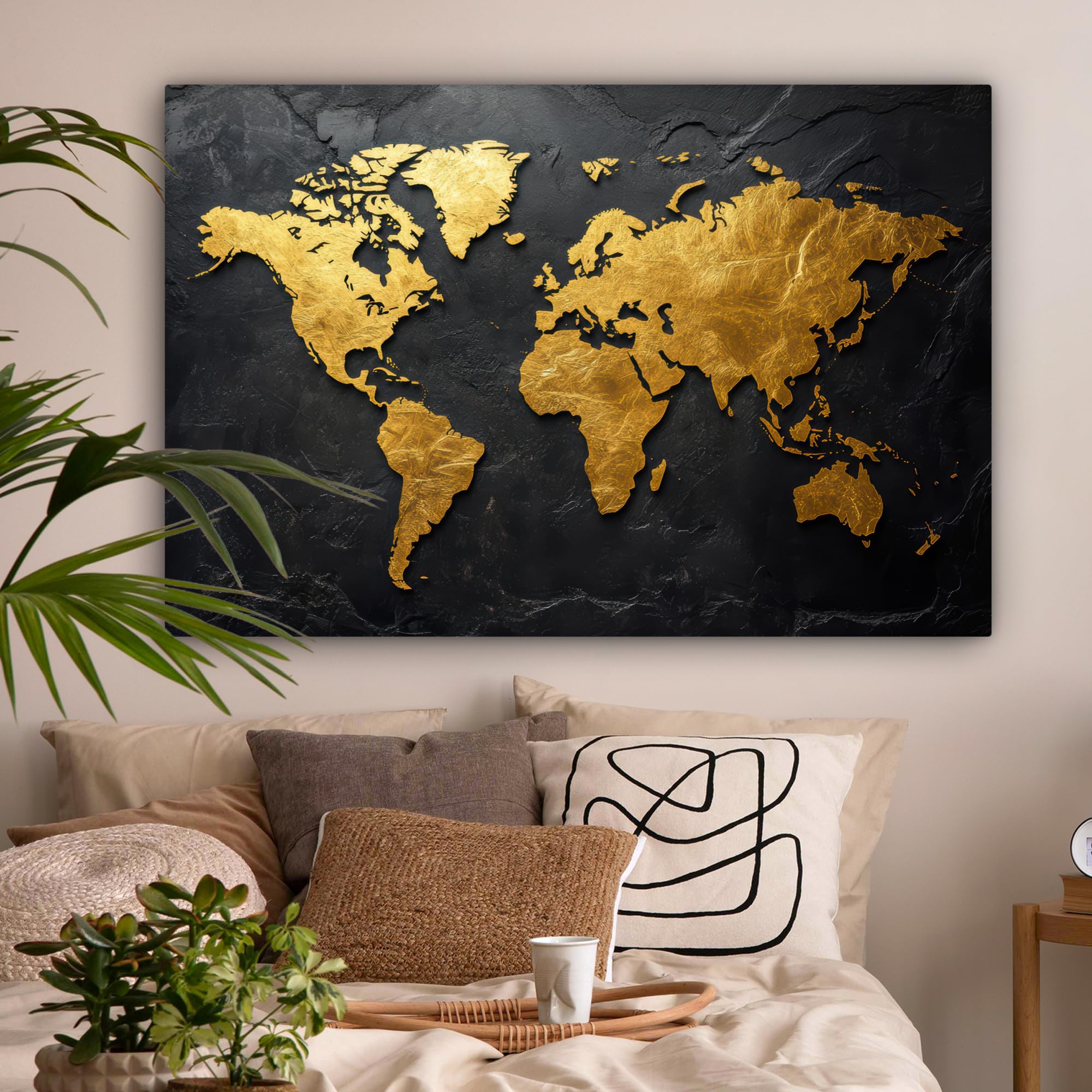 MuchoWow© Impression sur Toile Decoration Murale Peinture 120x80 cm Tableaux Decoratifs Muraux Déco Chambre Tableau Salon Carte du Monde - Or - Pierre