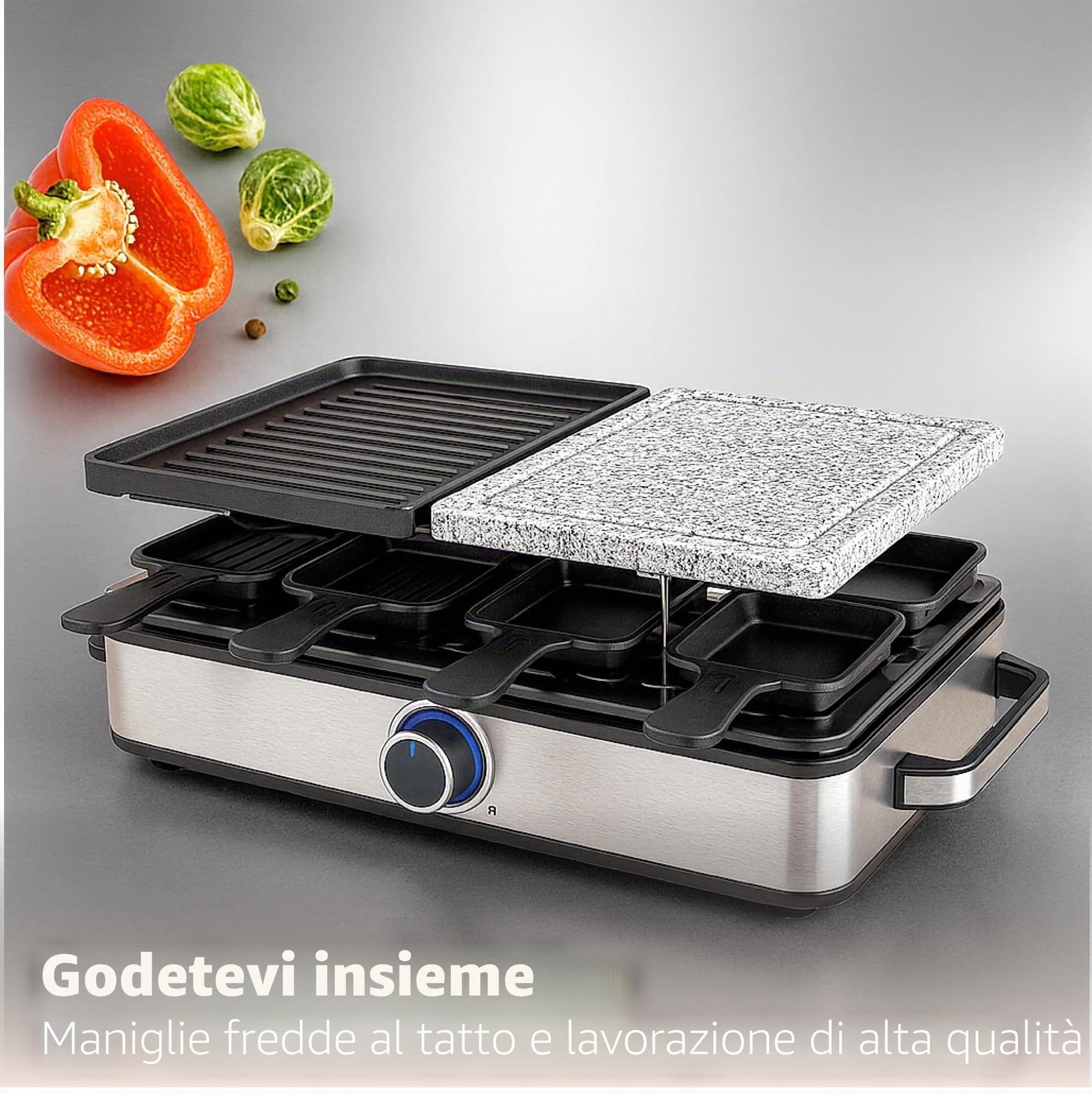 Raclette - Set fonduta per 8 persone, antiaderente, con pentola e griglia da tavolo, con padella, raschietto (angolare)