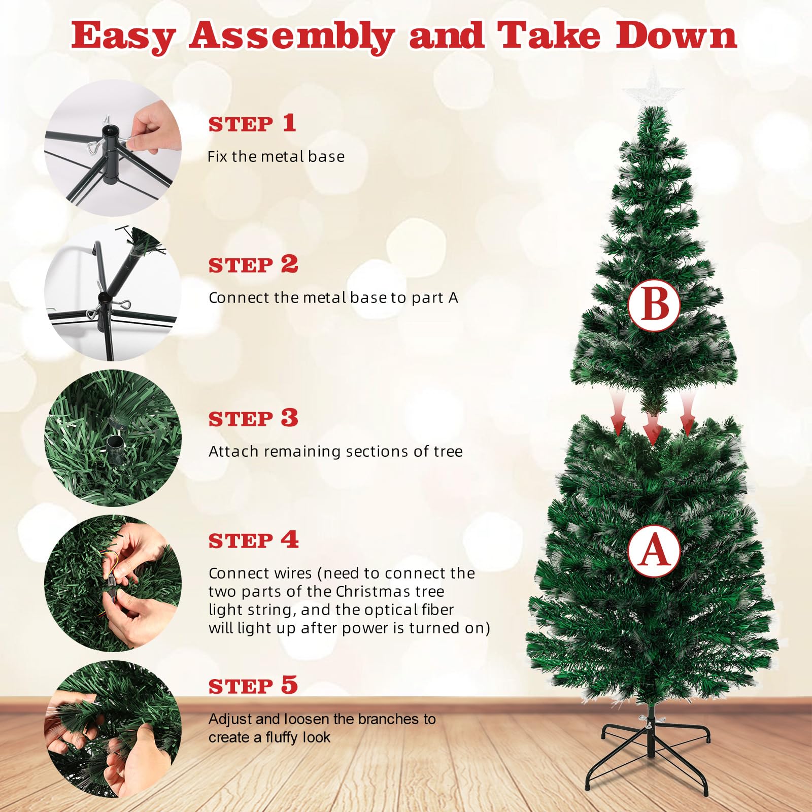 Sapin de Noël Artificiel Uten de 1,5 m avec Pointe en PVC de 170 mm, lumière en Fibre de Verre 3 Couleurs, 8 Modes, Support en métal, décoration de Noël pour l'intérieur
