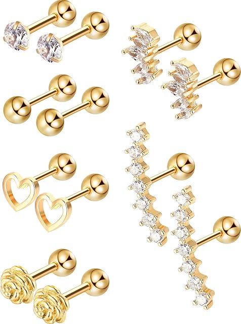 Blulu 6 Pairs Stainless Steel Tragus Cartilage Earrings Labret Studs Barbell Lip Nose Body Stud Piercing for Men Women Ornament