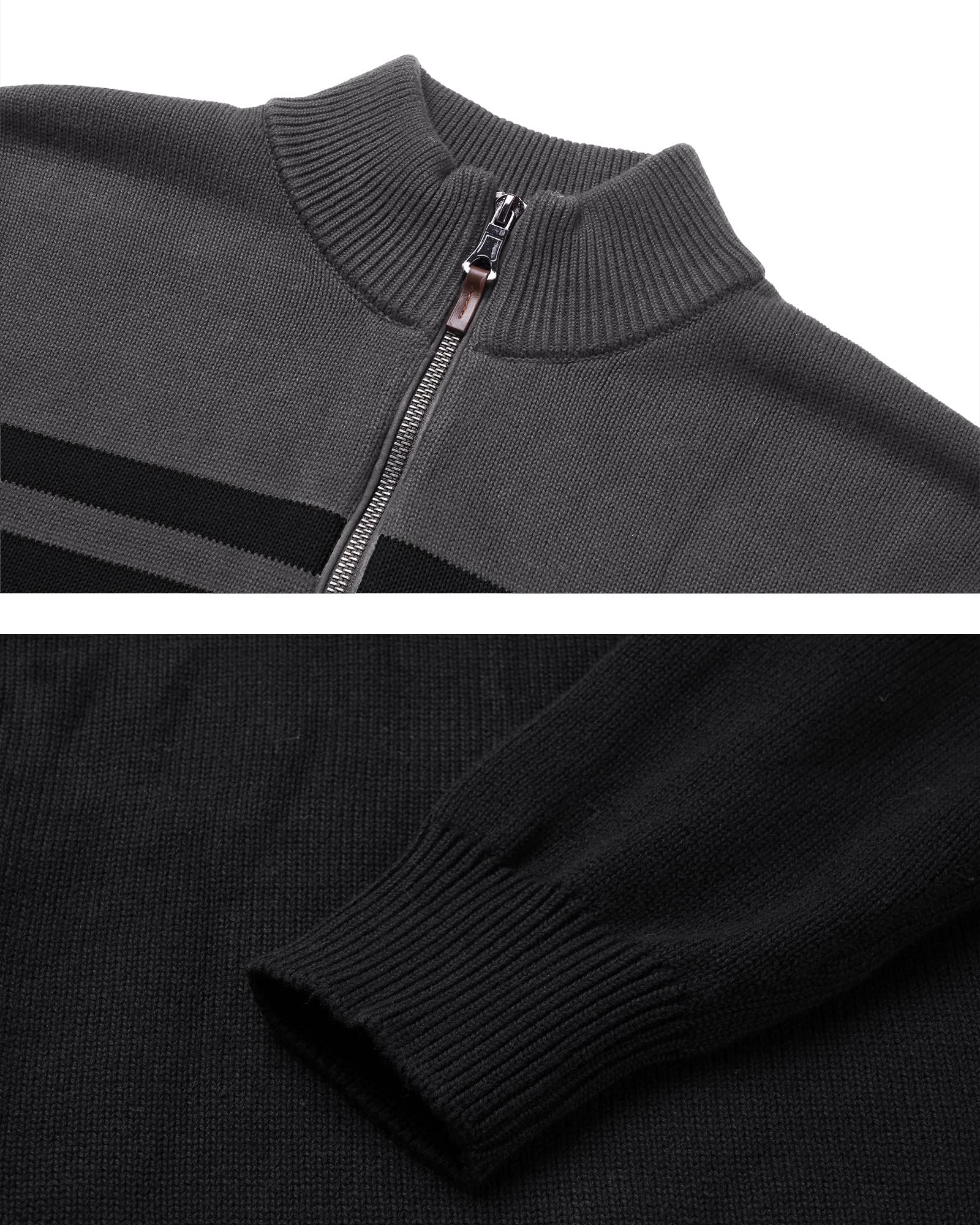 MAGCOMSEN Maglione da uomo lavorato a maglia, collo alto, zip 1/4, a righe, in cotone, a maniche lunghe, in pile, elasticizzato, da lavoro, per autunno e inverno, grigio scuro-nero, L