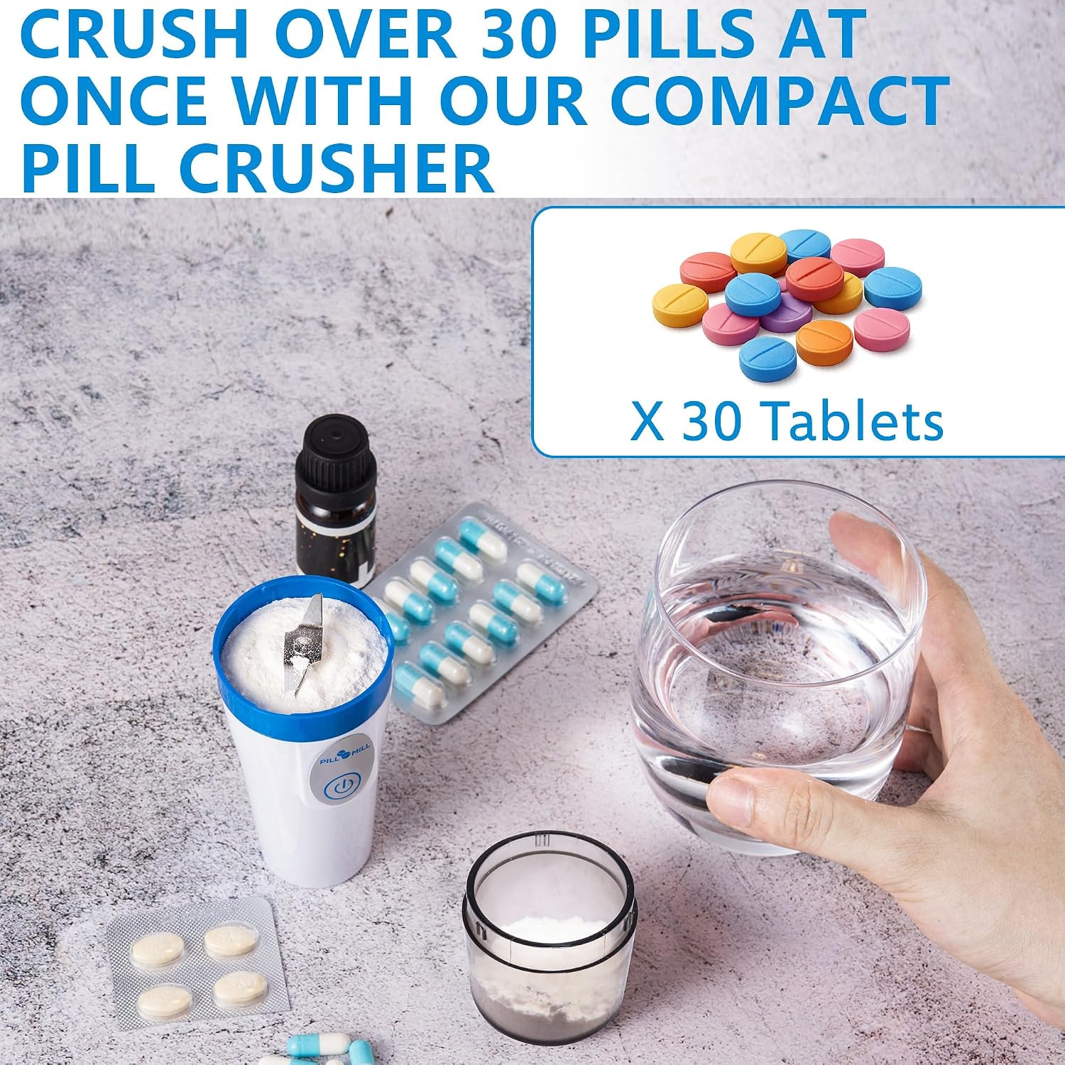 Small Electric Pill Crusher Fine Powder by Pill Mill - Pill Grinder Fine Powder - Powder Grinder for Elderly, Medicine Grinder for Small and Large Tablets, Triturador de Pastillas Medicinas