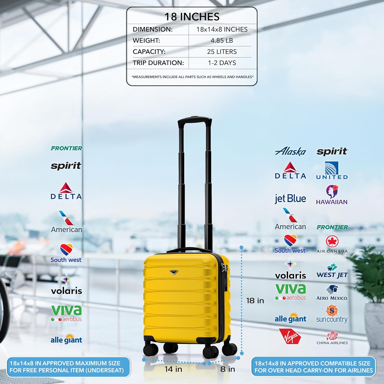 Flight Knight Carry On Suitcase 18x14x8" Hardside Built In TSA Lock & USB Port Lightweight Luggage Silent Double Spinner Wheels Maximum Underseat Carry-On Bag For American & United Approved Airlines - Image 3