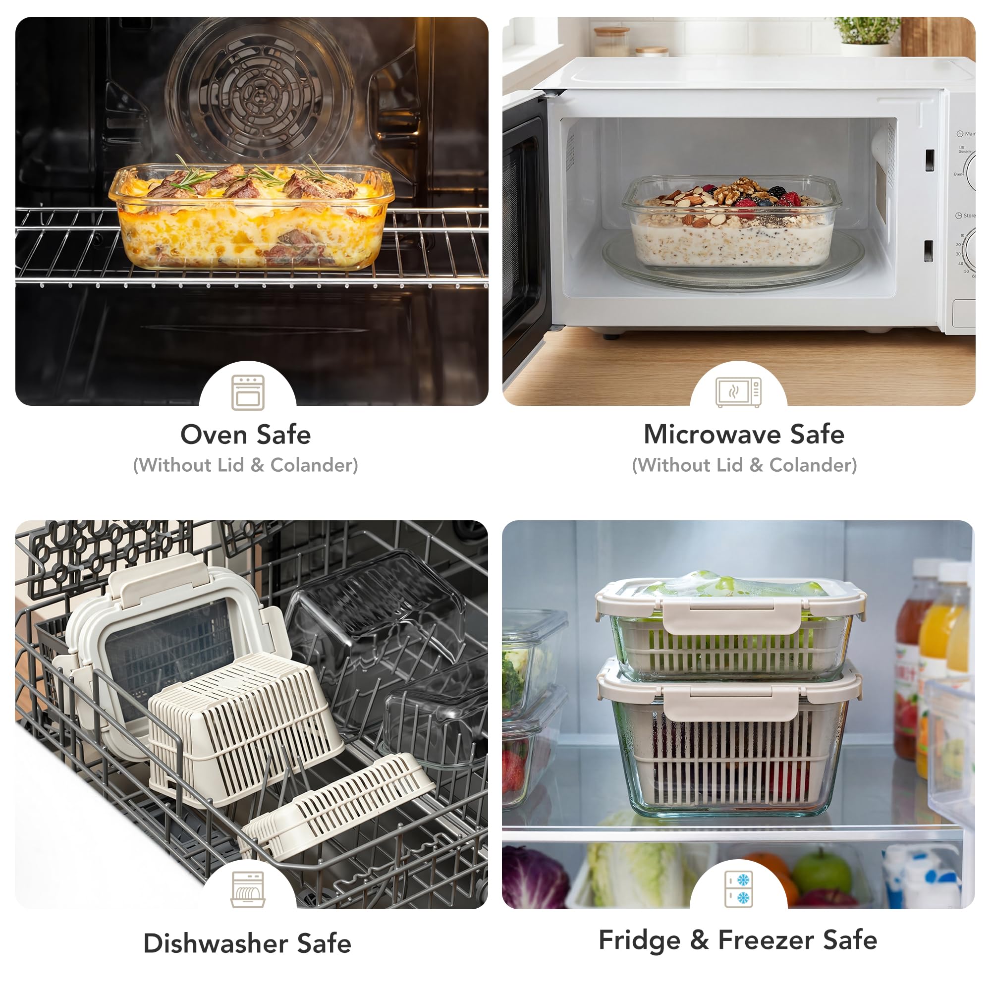 GENICOOK Contenitori in vetro per frigorifero, confezione da 2, contenitori ermetici per frutta e verdura, con scolapasta rimovibile, coperchi flessibili in silicone, a prova di perdite, in vetro