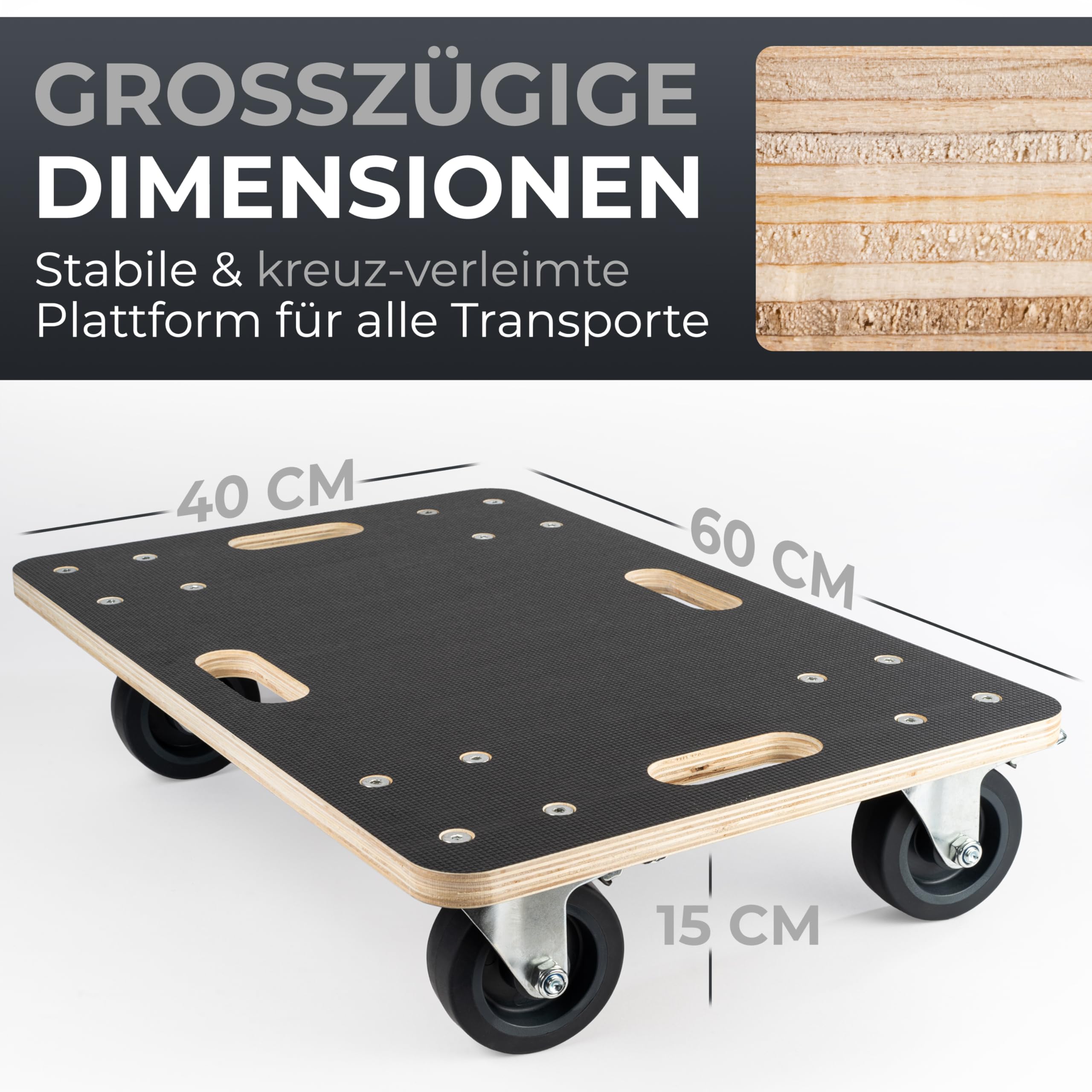 Rollbrett Schwerlast | Extra leise Rollen | 400kg Belastung | mit 2 Festell-Bremsen und Tragegriffen | Hochwertiges Holz | Transportroller | Rollwagen für Pflanzgefäße