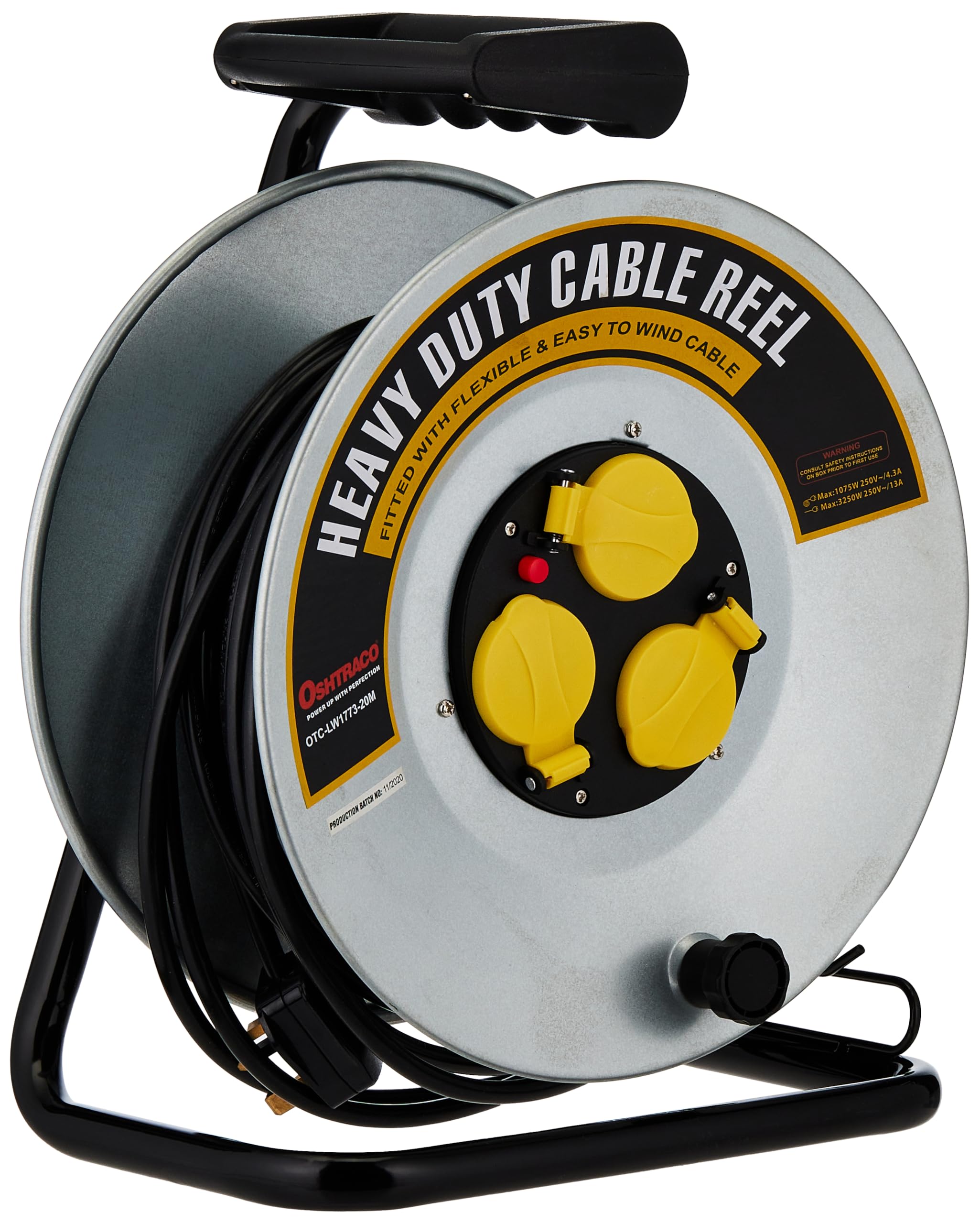 Oshtraco 3 Way Heavy Duty Metal Body Round Cable Reel with 20 Meter Wire, 1.5 mm Thickness