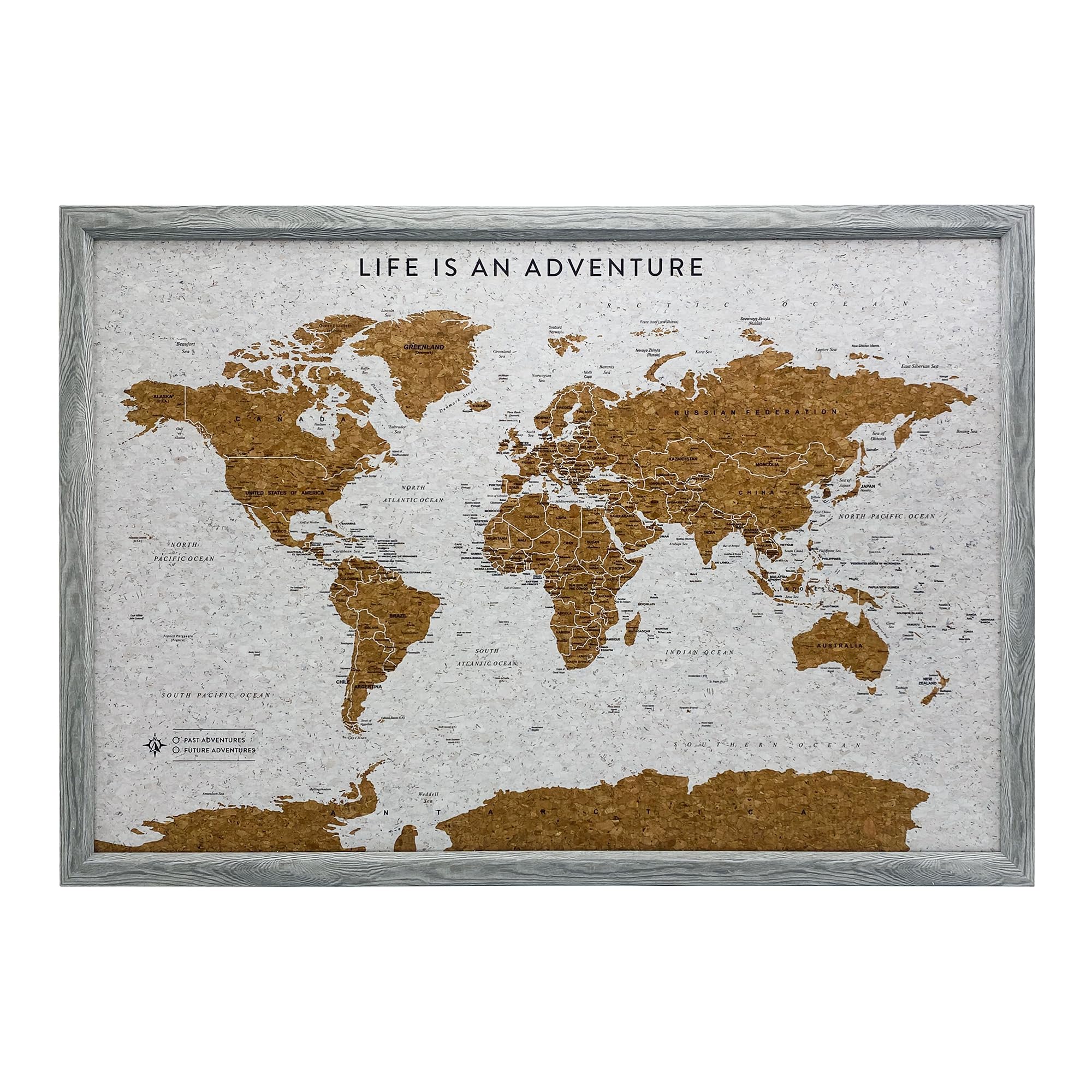 Splosh Mapa de Viaje Enmarcado - Tablero de Chinchetas de Madera Gris Mediano con 100 Chinchetas. Tablero de Corcho para Mapa de Viaje. Mapa del Mundo de Madera, Regalo de Viaje con Mapa de Corcho