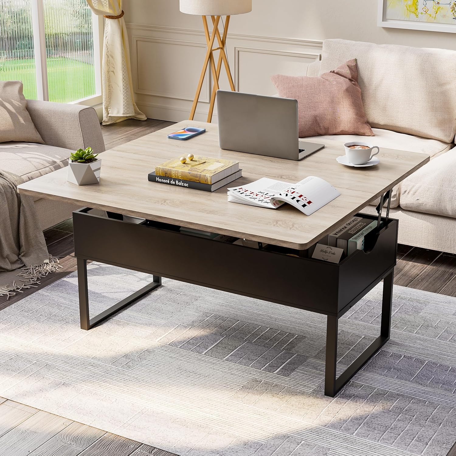 MSFE Mesa Centro Elevable,Mesa de Salón Multifuncional 4 en 1 con Almacenamiento Oculto,Altura Ajustable,Mesa Convertible Moderna y Elevadora para Comedor de Salón,Color Negro y Madera