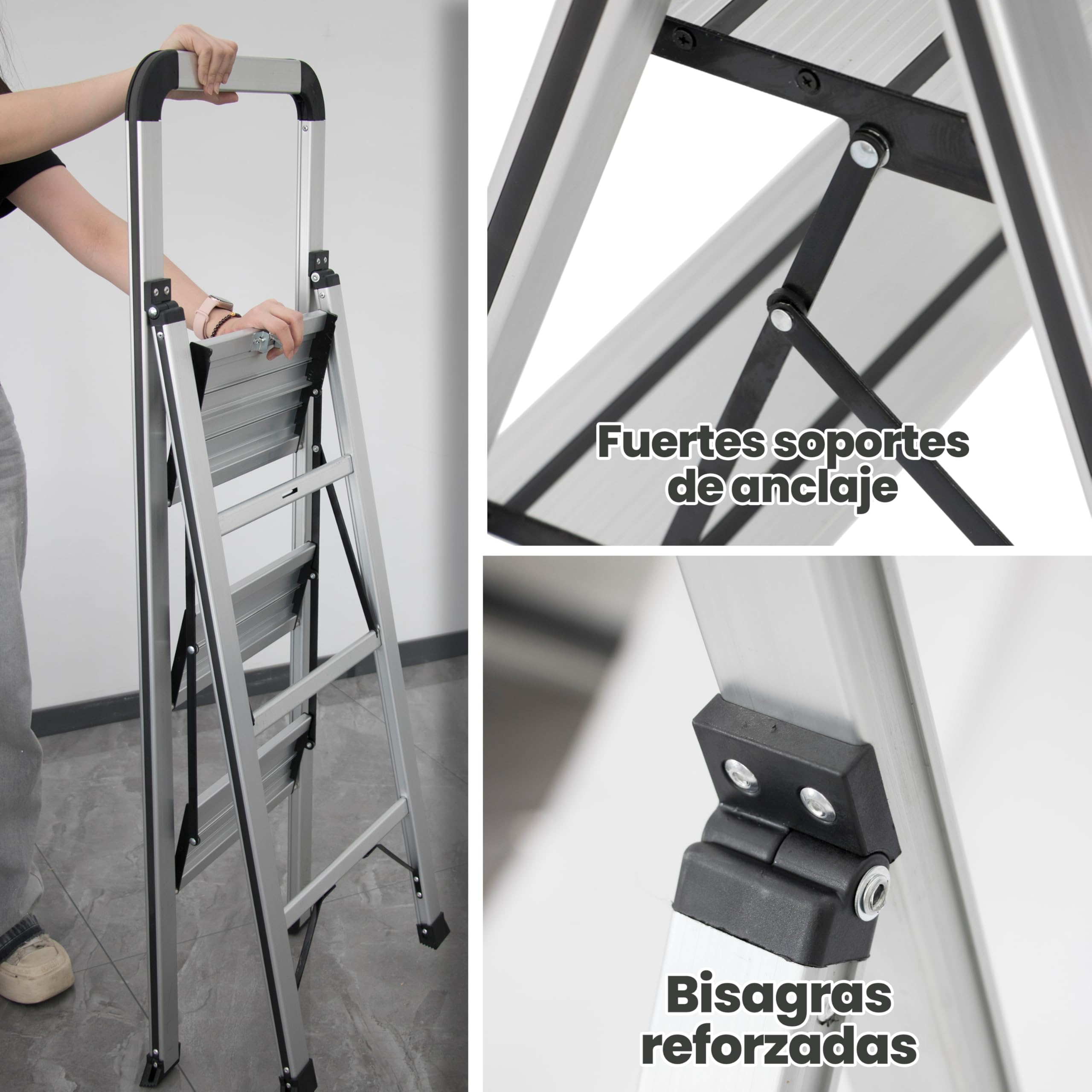 UZIRO Escalera 3 Peldaños, Escaleras Plegables de Aluminio Liviana, Decorativa, Peldaños Anchos Antideslizantes, Mecanismo Antiplegado, Compacta, Fácil de Guardar (3 Peldaños)