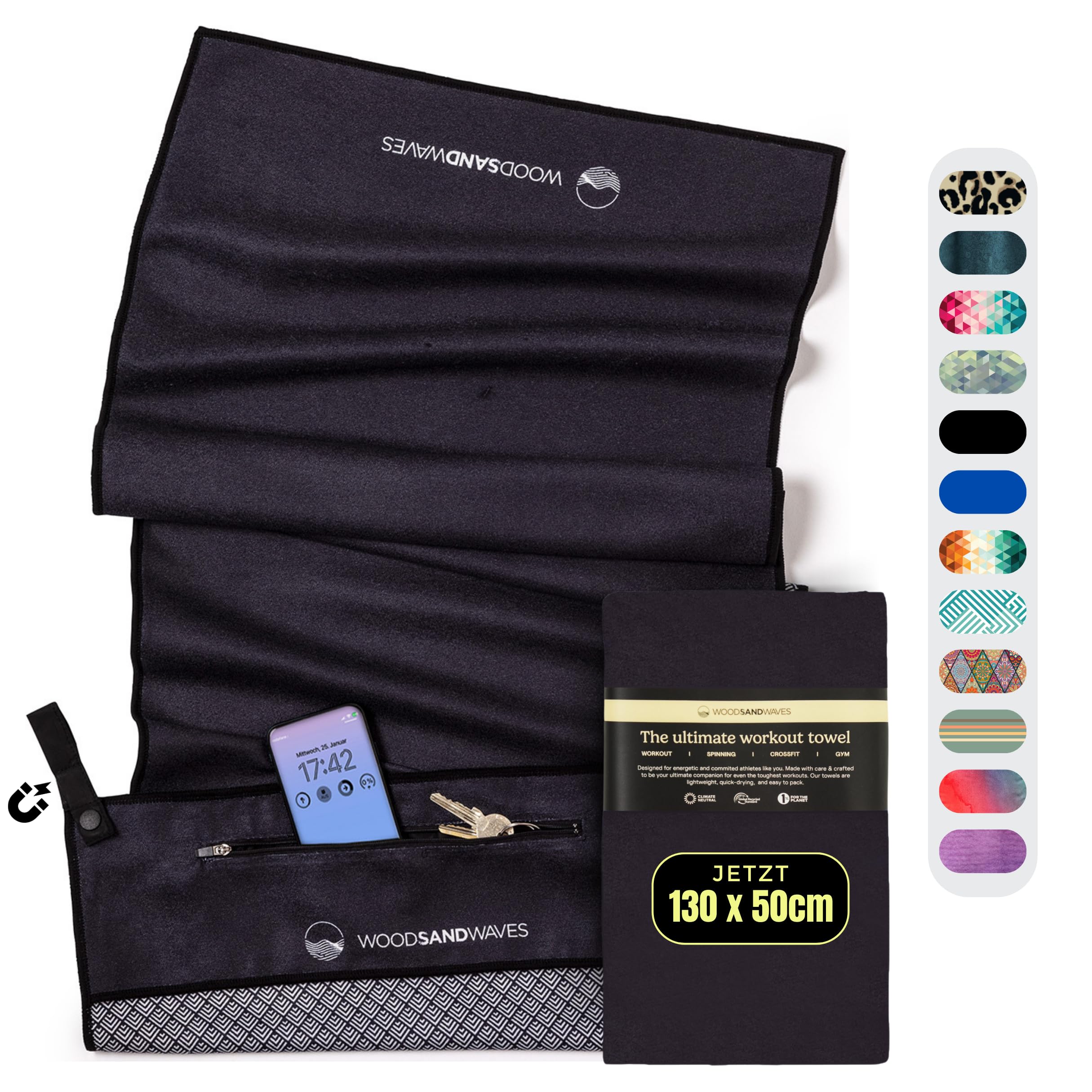 Woodsandwaves Clear Black Two46 Fitness Towel With Design, Bag & Extra Strong Magnet - The Ideal Sports Towel For Gym And Gym | Non-Slip, Odourless, Quick-Drying (125 X 45 Cm)…