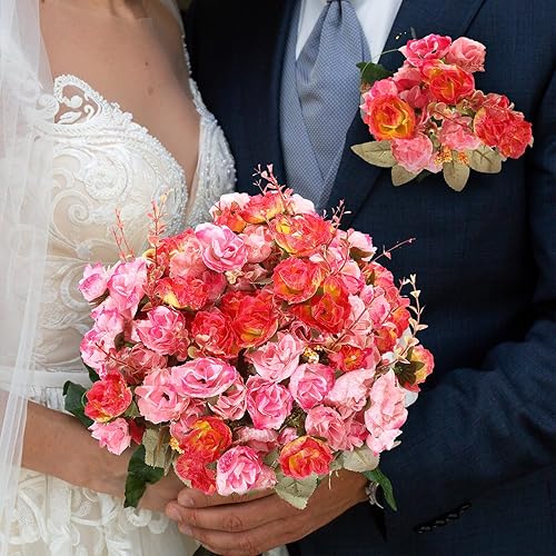 Miniatura 7 de Geosar Ramo de flores artificiales de 21 cabezas de seda, 8 unidades, flores artificiales con tallo para el hogar, novia, boda, arreglos de mesa,