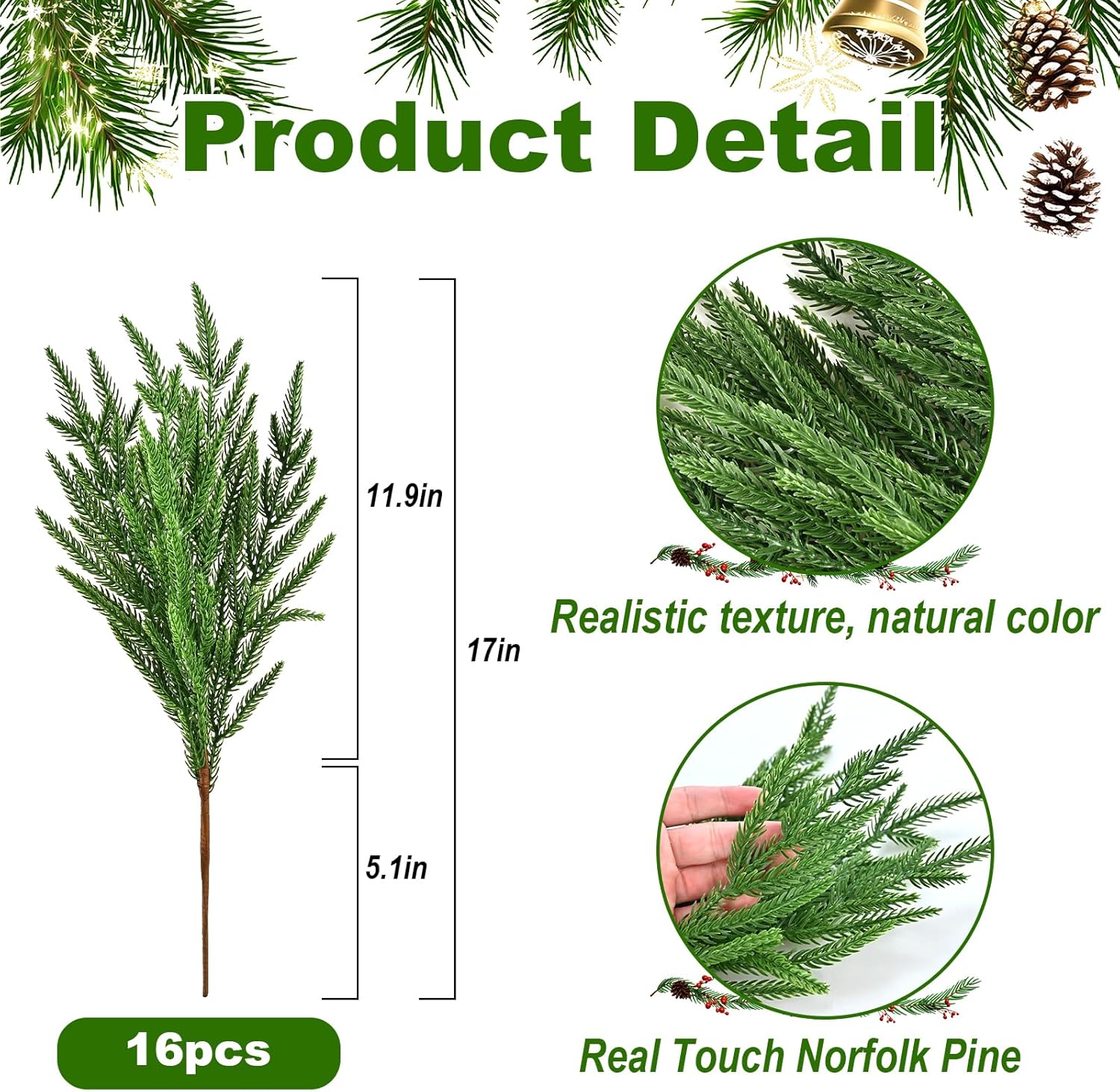 Cieex 16 Pcs Artificial Norfolk Pine Branches - Real Touch Pine Stems Fake Plants Pine Picks Faux Greenery Stems for Vase DIY Crafts Garland Wreath Christmas Indoor Outdoor Home Decor