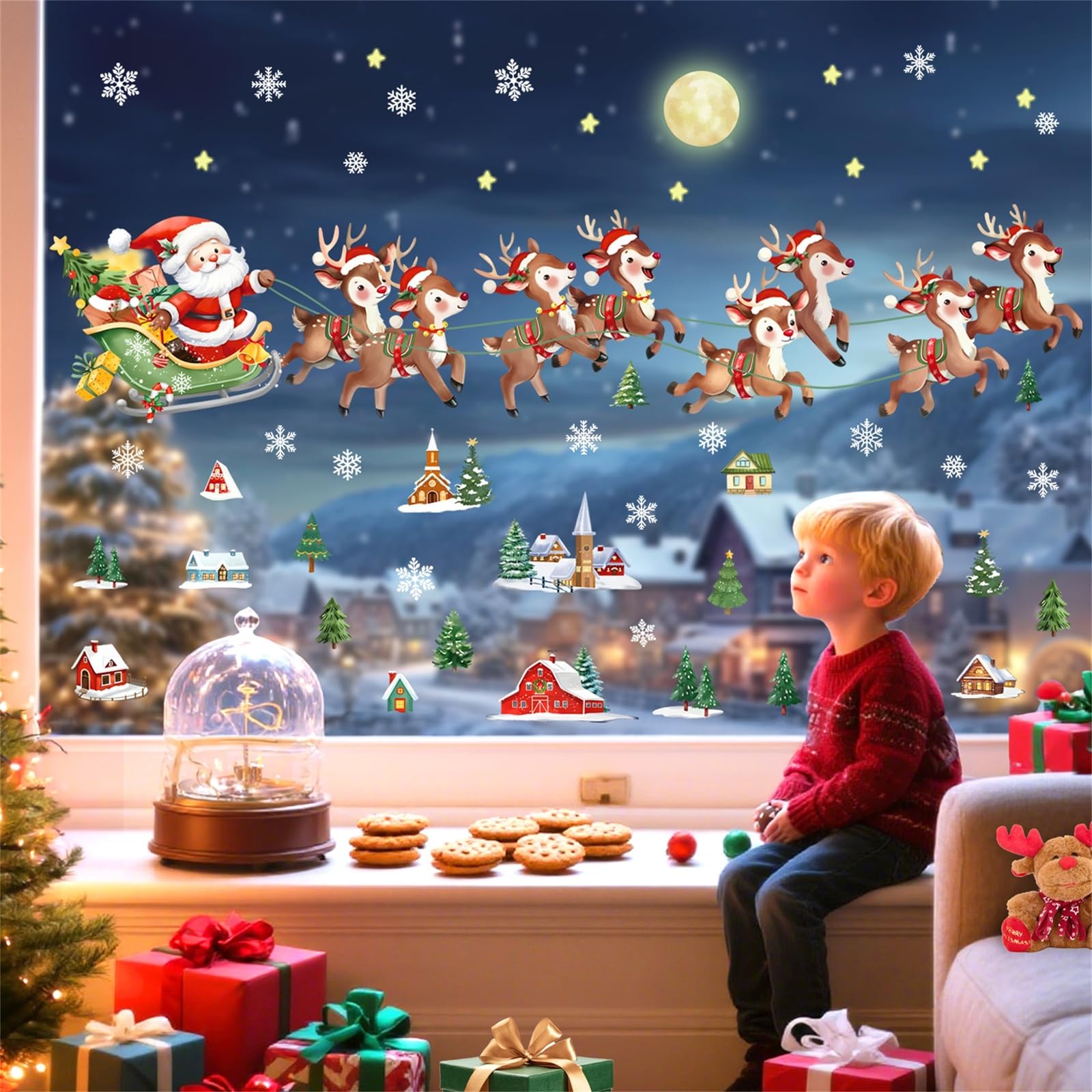 decalmile Christmas Santa Claus Reindeer Window Wall Decals Winter Xmas Tree Wall Stickers Snowflake House Window Clings Christmas Party Window Showcase Door Decorations - Image 3