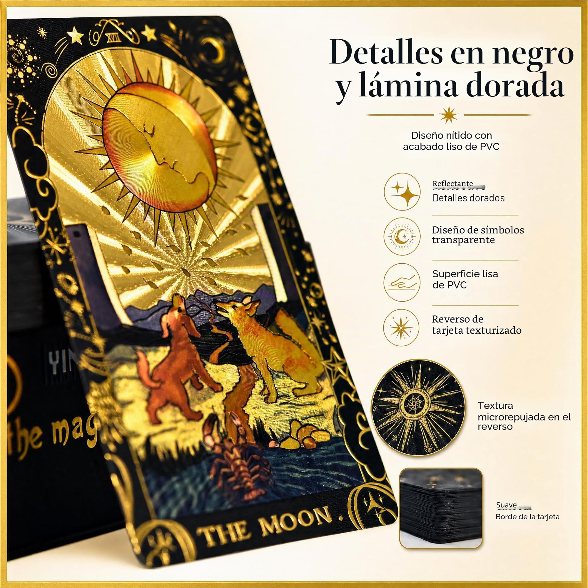Baraja Tarot Negra y Dorada con Lámina Holográfica, 78 Cartas Rider Waite PVC Impermeables con Guía de 36 Páginas y Caja Magnética, Tarot en Inglés
