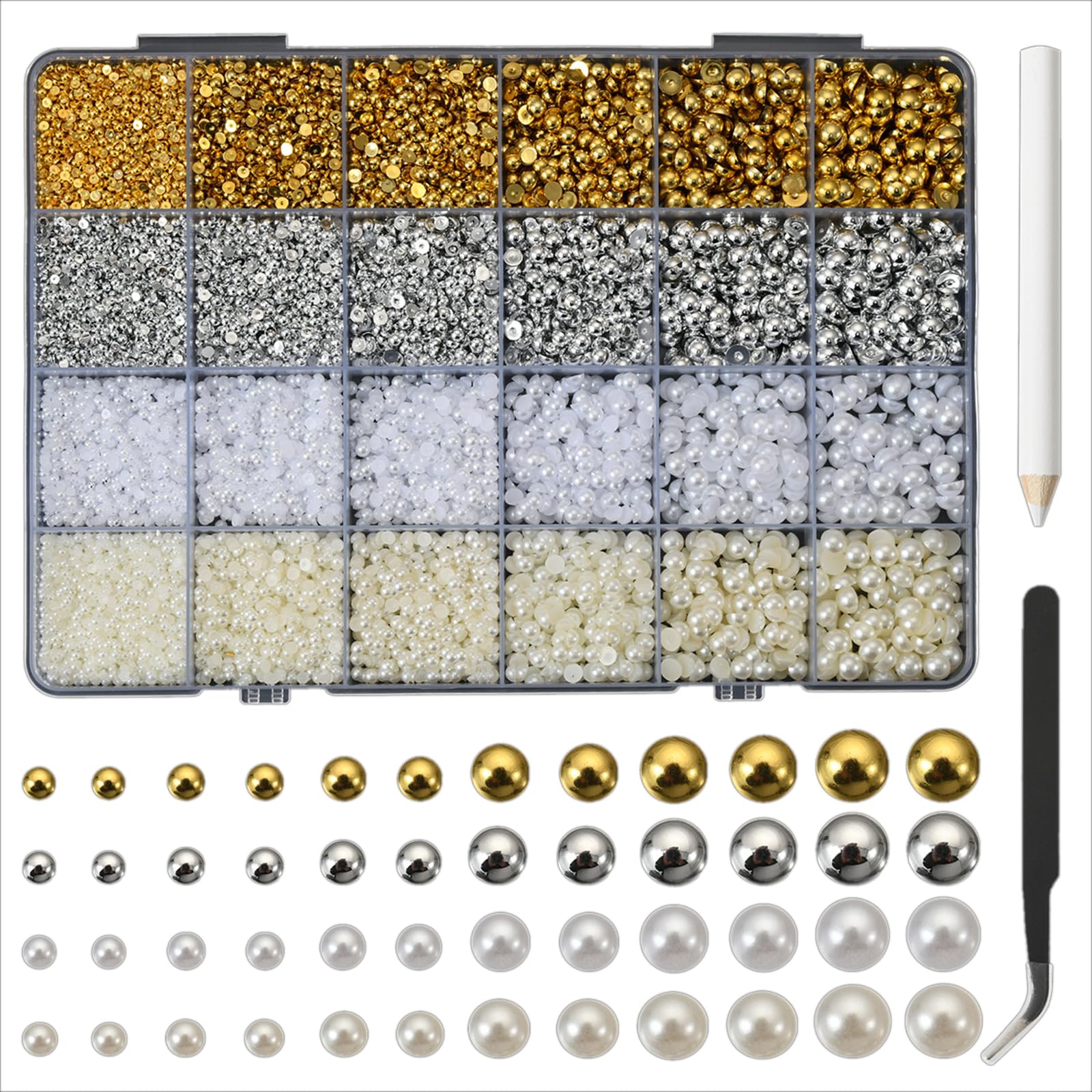 24 Tabletts Halbperlen Nagelperlen, luxuriöse 3DGold und Silber Nagelperlen für Nagelkunst, ABS-Perlen in Gemischten Größen Edelsteine ​​für Nägel, Verzierungen, Make-up, Kleidung (4 Farbe)