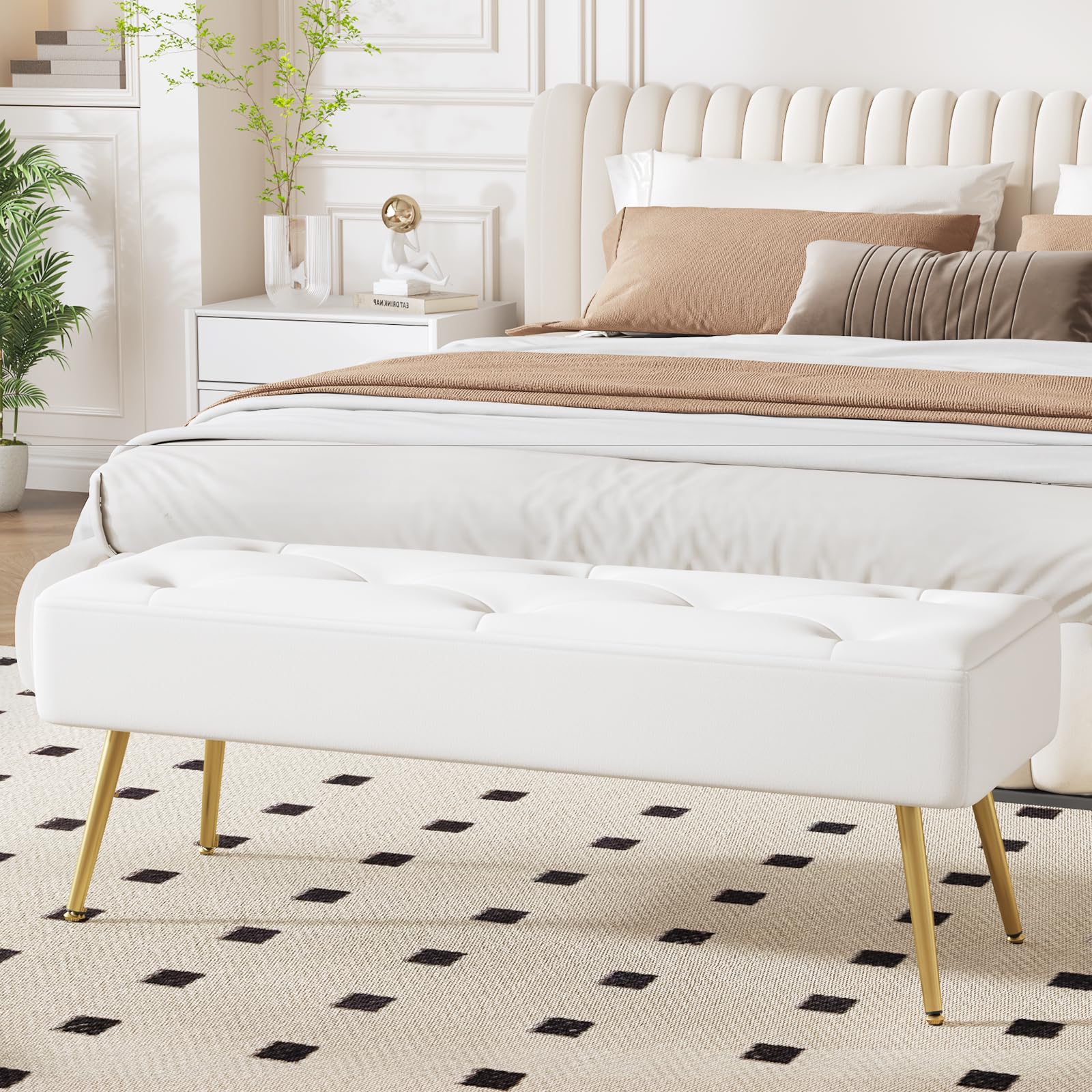 Banc Bout de Lit Banquette, Banc d' Entrée Capitonnée Assise Rembourré en Cuir PU 113.5x36.5x43cm avec Pieds en Métal pour Entrée Salon Chambre à Coucher, Blanc