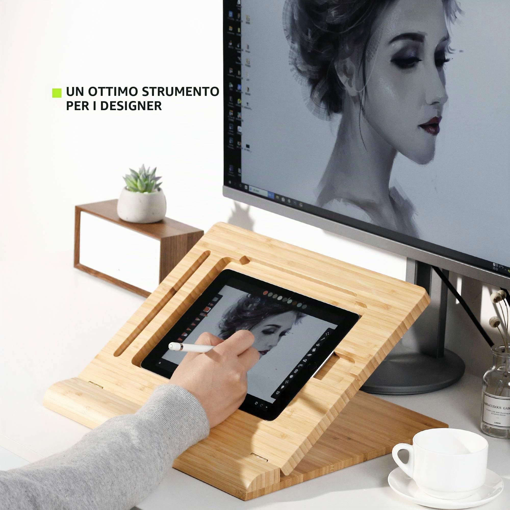 ELETIUO Supporto da tavolo per tablet regolabile in altezza, pieghevole in bambù, supporto per iPad, multi-angolo, compatibile con iPad Pro 3a/4a generazione da 12,9"