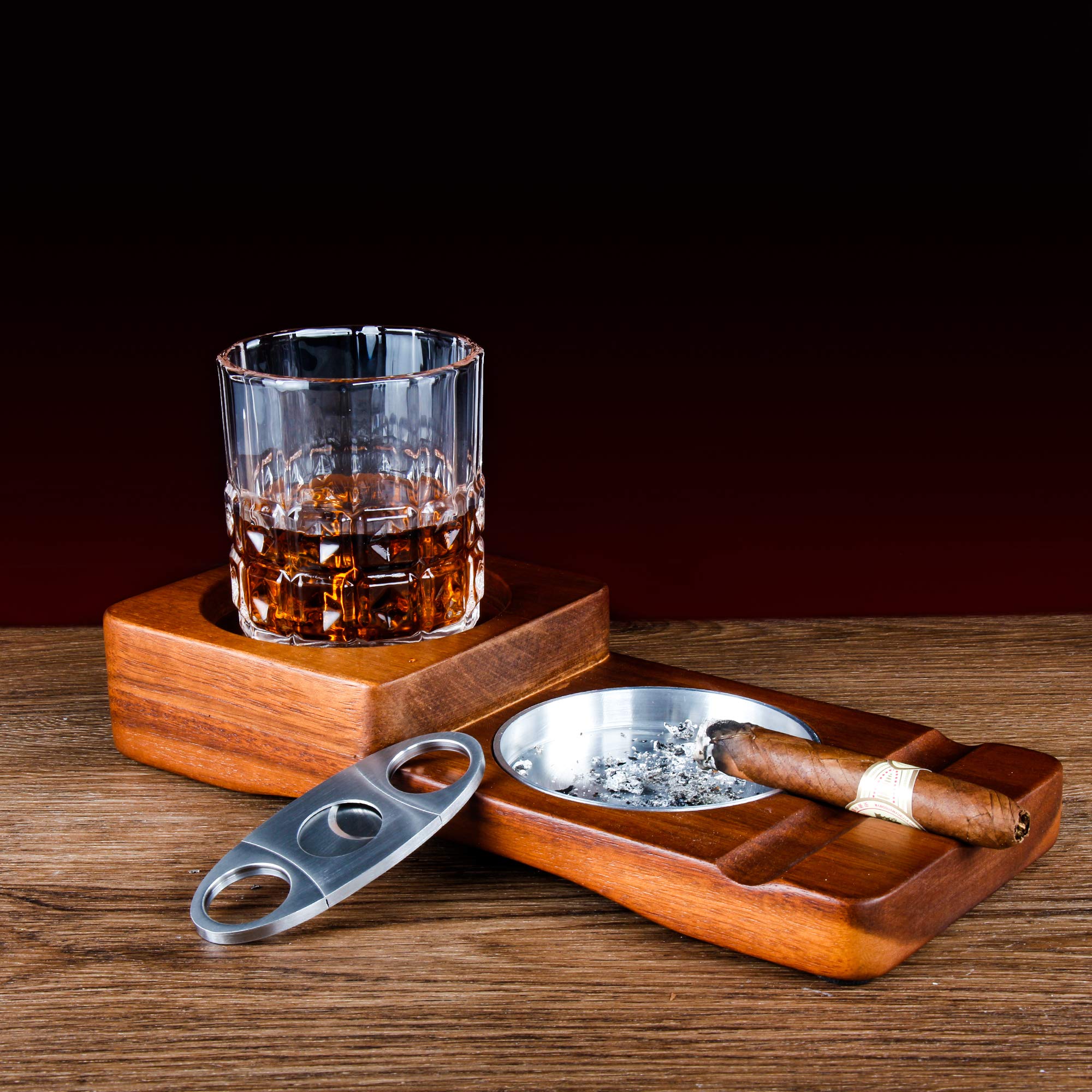 REANICE Cigare Cendrier En Bois Avec 2 Liqueurs De Rhum Personnalisé Whisky Cub Holder 1 Coupe-Cigare En Acier Inoxydable Guillotine Double Lame Fumer Accessoires pour Hommes Fumeur Boisson Coffret