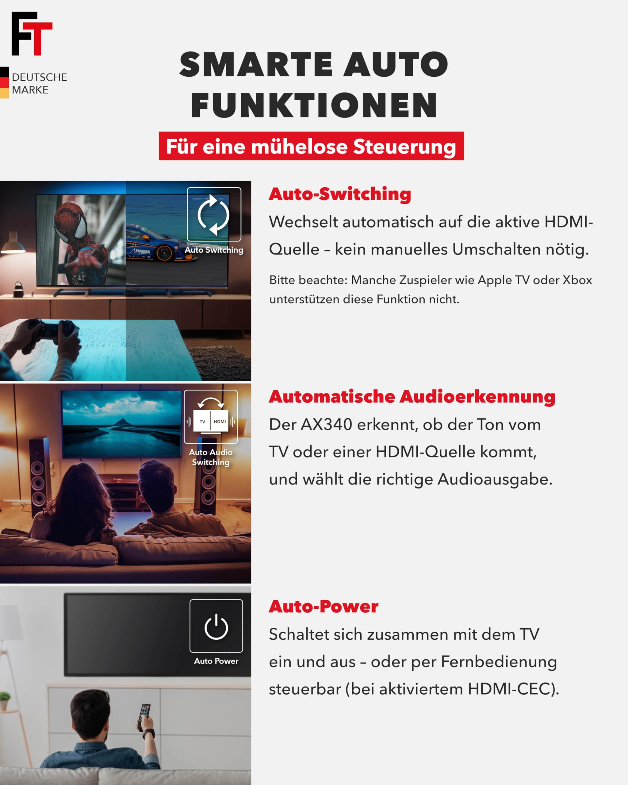 FeinTech AX340 HDMI 2.1 eARC Pass Switch Audio Extractor für eARC-Soundbar - Unterstützt 8K 60Hz, 4K 120Hz, VRR, ALLM, Dolby Atmos, DTS - Audio Splitter für Soundsysteme mit eARC und ARC (4 Inputs)