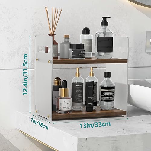 Miniatura 3 de FSyueyun Organizador de encimera de baño, estante de maquillaje de madera de 2 niveles, organizador de perfumes para el cuidado de la piel, estante