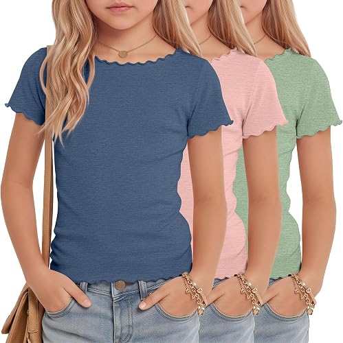 Mumucove 3 Pack Girls Short Sleeve Tops Slim Fit Boat Neck K