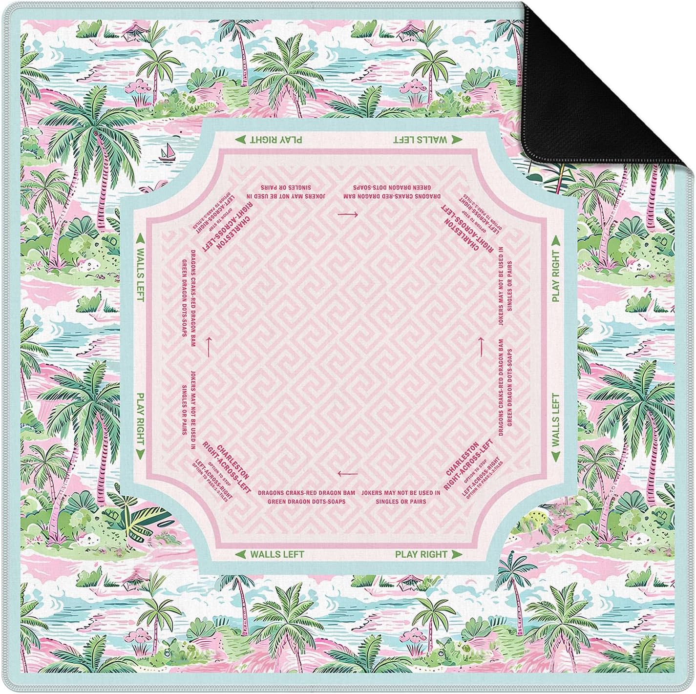 Pink and Green Tropical Palm Tree Mahjong Mat for Table 31.5 x 31.5 in, Coastal Beach Ocean Waves Non-Slip Noise Reduction Game Table Cover for American Mahjong Card Board Tile Games
