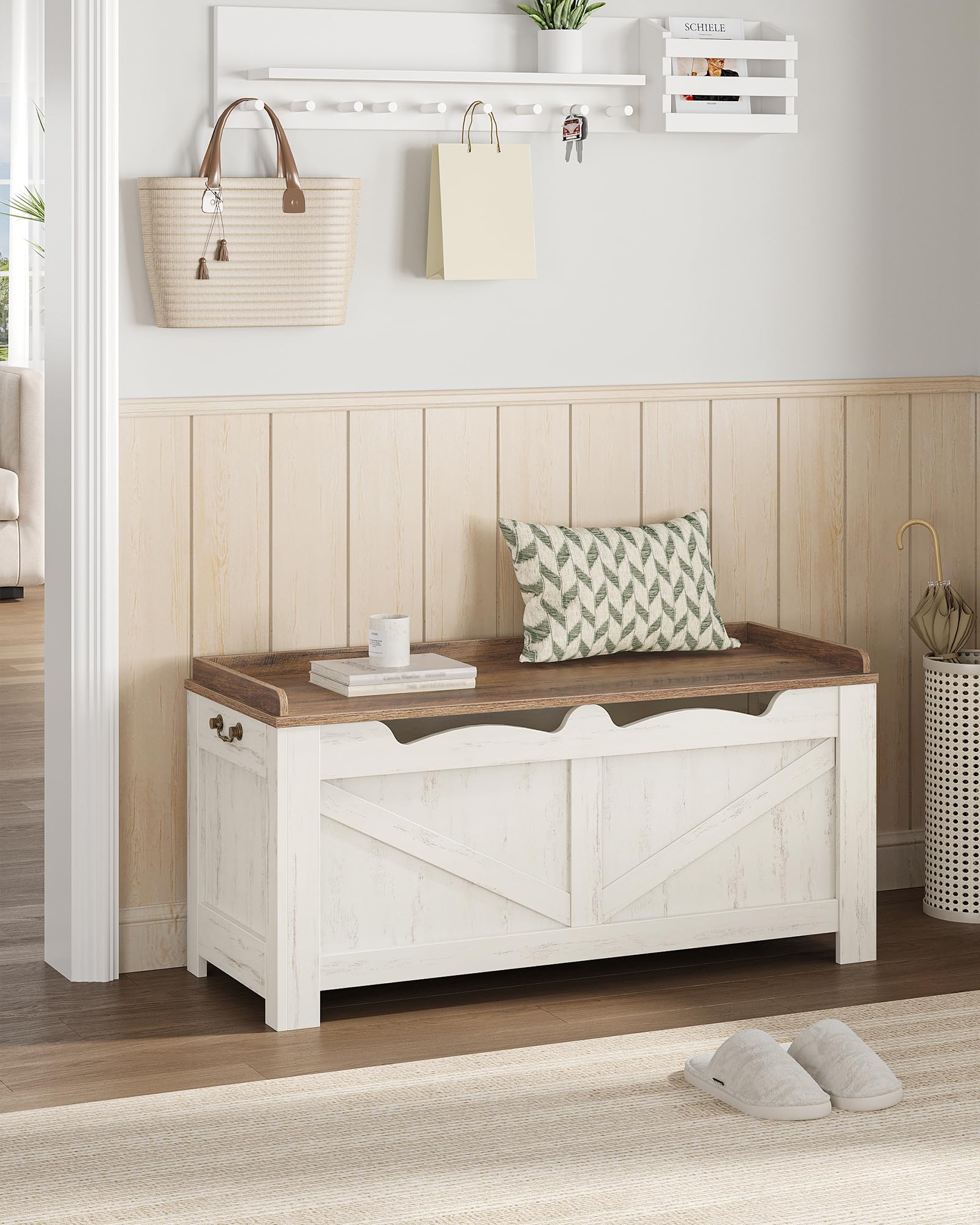 Hzuaneri Cassapanca 100 cm, Panca Contenitore da Interno, Panca Portaoggetti, Pouf Contenitore Rettangolare, 40 x 100 x 48 cm, per Corridoio, Camera da Letto, Soggiorno, Bianco Marrone SB04514B