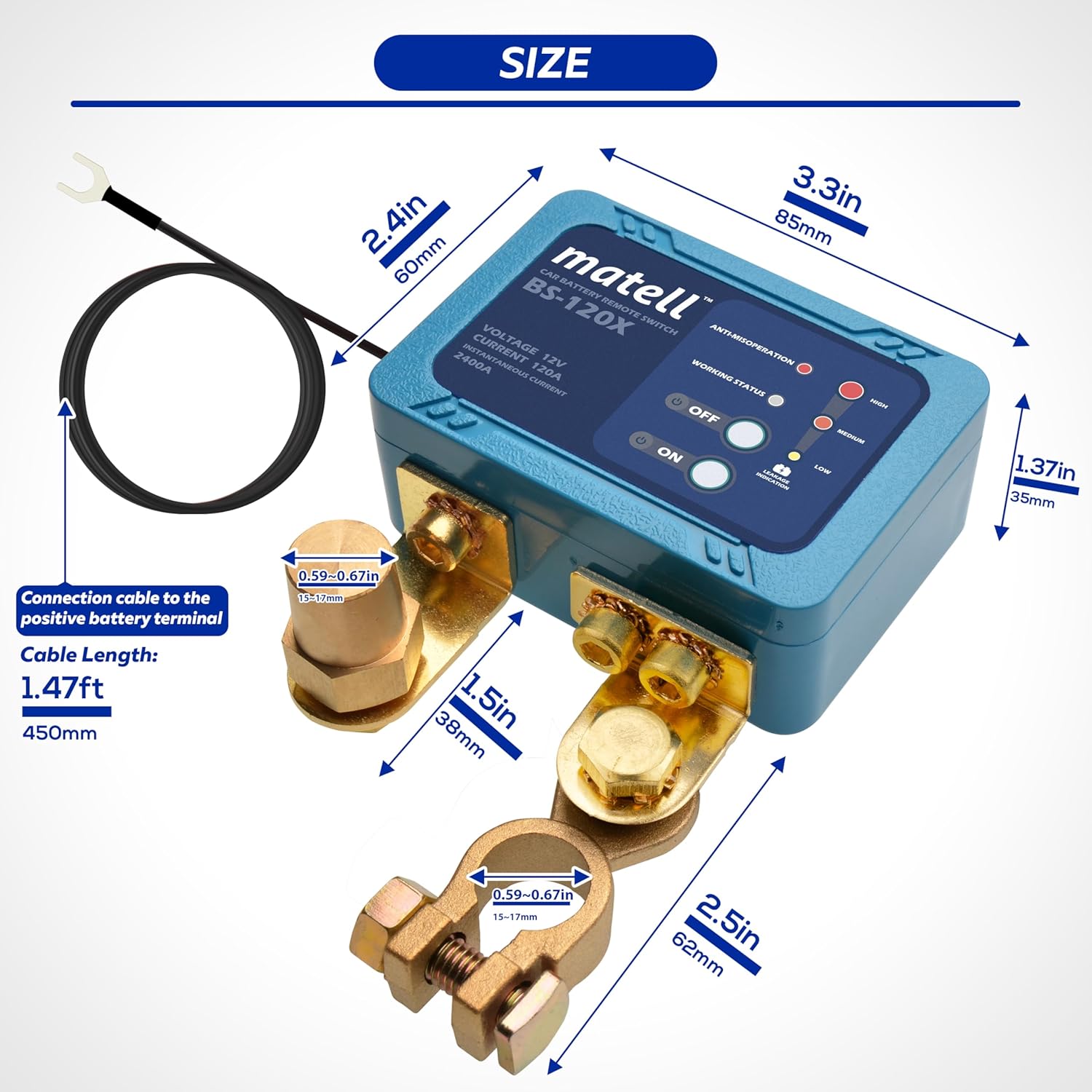 Matell 12V Battery Disconnect Switch | Smart Voltage Control, Anti-Theft, Remote Control, Anti-Misoperation, Leakage Protection, Pure Copper Contacts, for 12V Vehicles (Recessed Terminal)